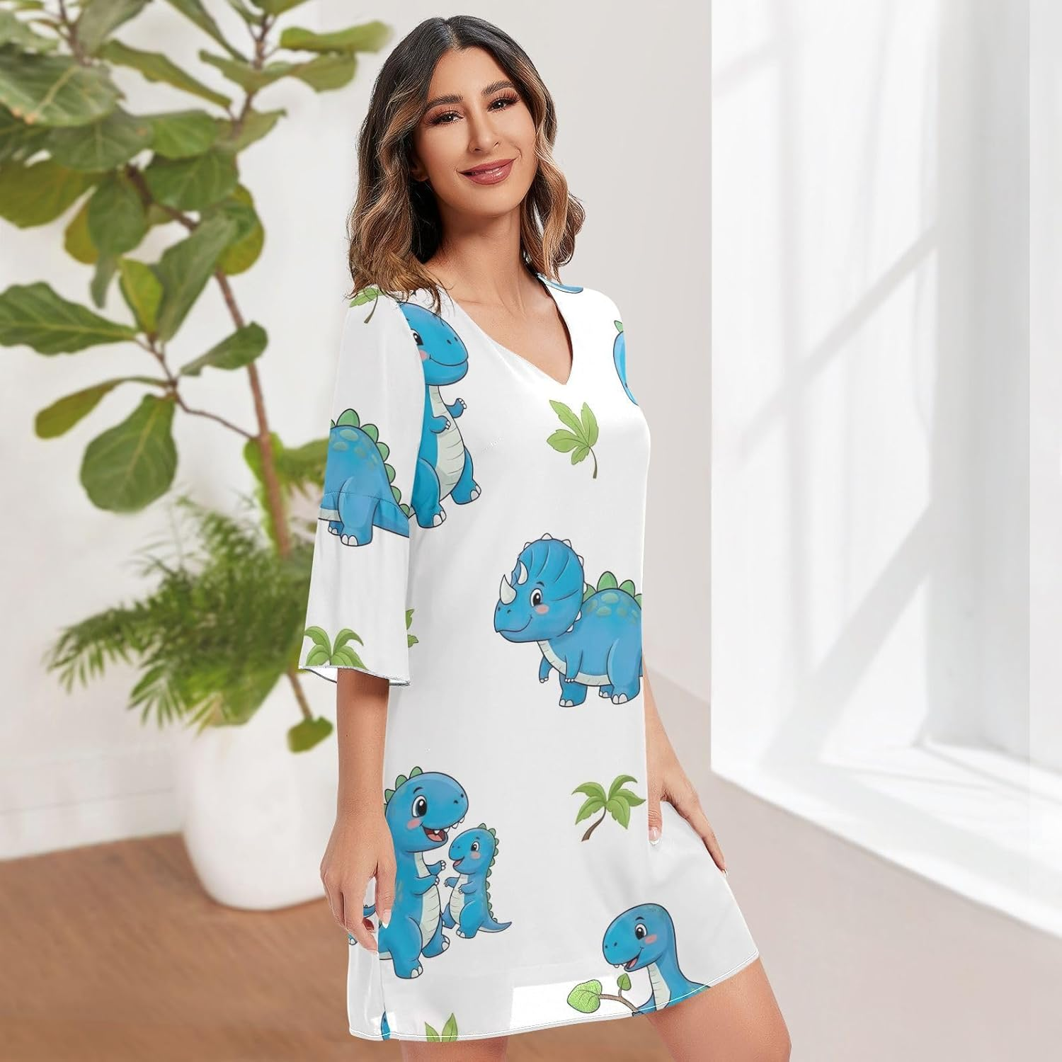 Cute Blue Cartoon Dinosaurs Chiffon Dress Printed Maternity Dress Party