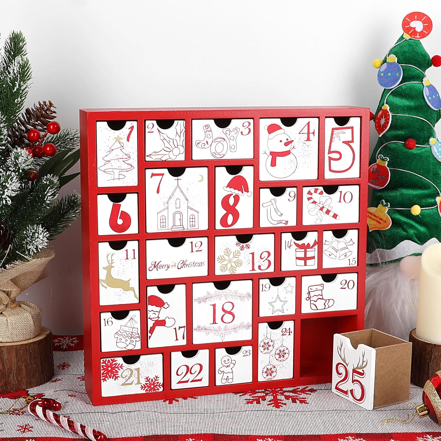 CCINEE Christmas Wooden Advent Calendar with 25 Large Drawers, Countdown to Christmas Decoration Large Size Xmas Countdown Calendar 2024 Hand Painted Refillable Advent for Holiday Decoration(Red) image number 1