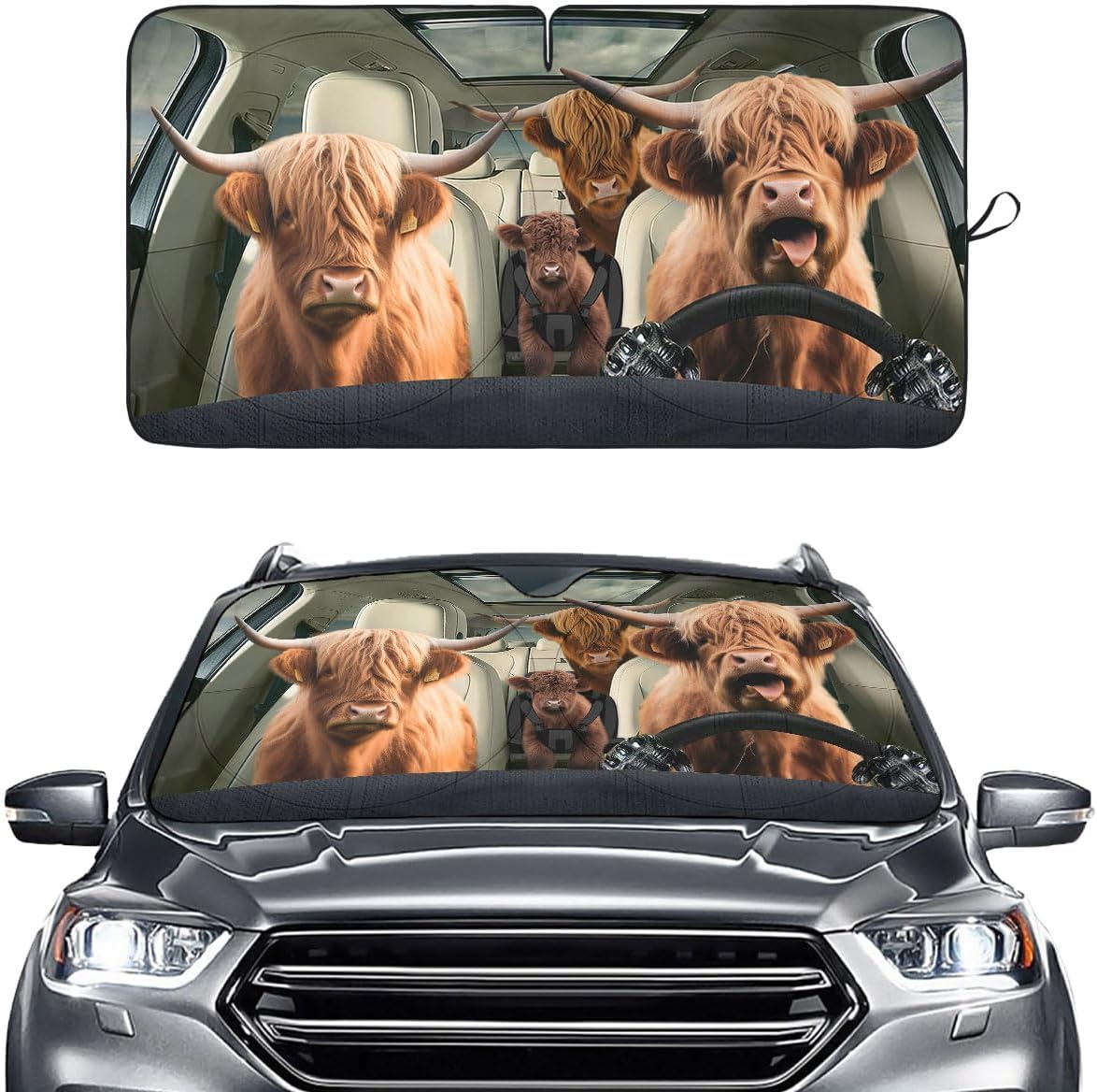GENANY Highland Cow Family Funny Windshield Sun Shade for Car SUV Truck (55X29 Inches), Automobile Sunshade, Protector Blocks UV, Car Accessories