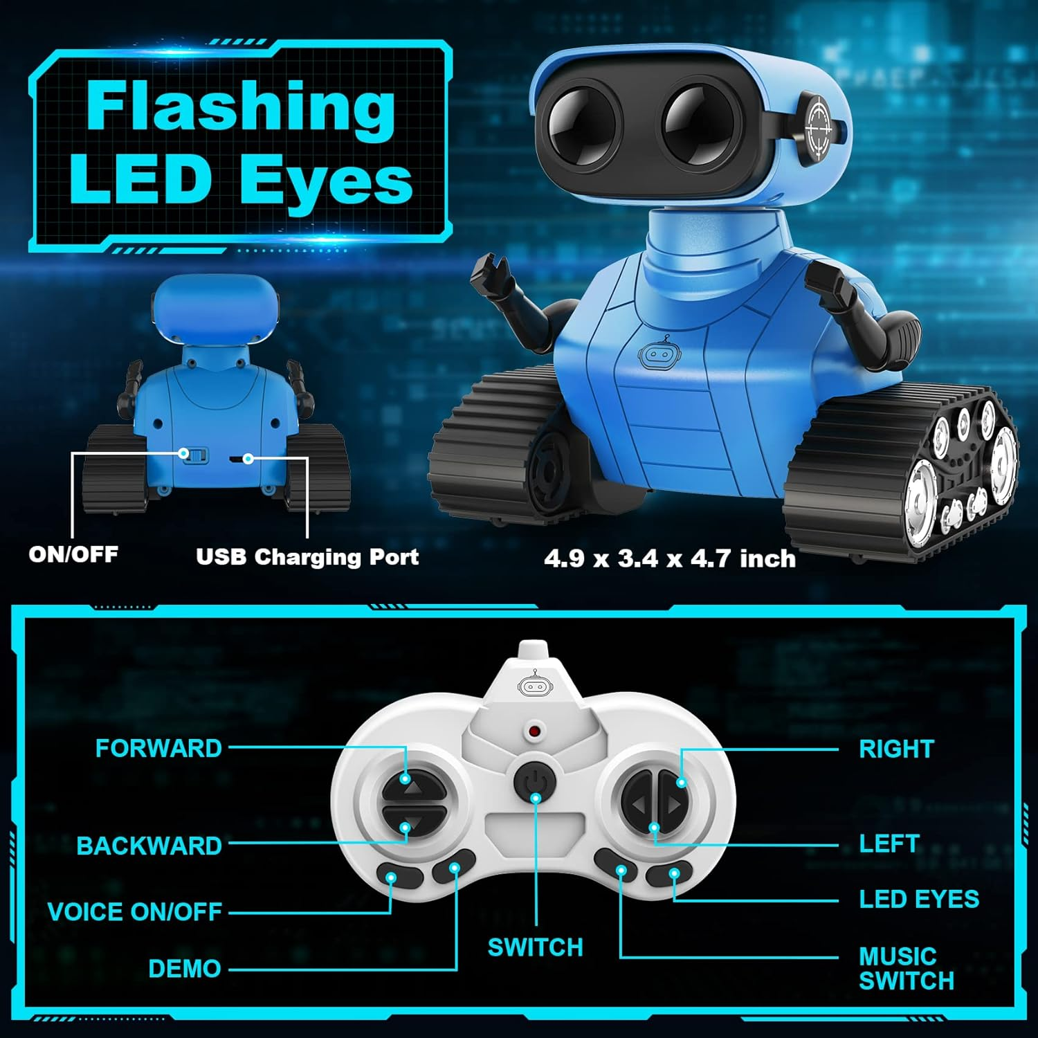 Robot Toys for Boys Girls, Rechargeable Remote Control Emo Robots with Auto-Demonstration, Flexible Head & Arms, Dance Moves, Music, Shining LED Eyes for 3+ Years Old Kids image number 5