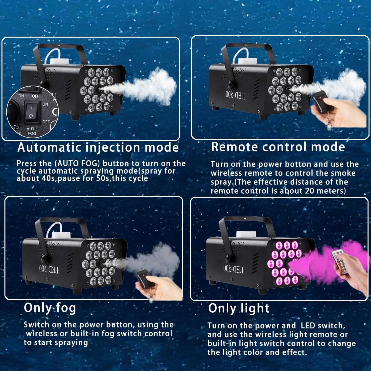 Fog Machine with Light 18 LED Smoke Machine Outdoor for Parties Wedding, 13 Colors Smoke Machine Fog Indoor with 2 Wireless Remote Controls, 500W 2000CFM Outdoor Party Fog Machine for Halloween DJ image number 2