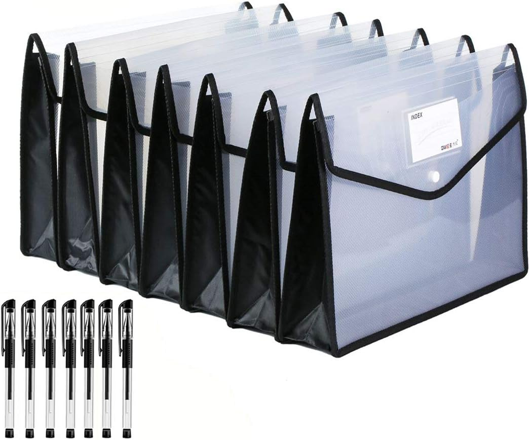 Abgream 7 Pack File Folder - Expandable Poly Envelopes B4 Plastic Document Folder Button Closure Waterproof File Pouch with 7Pcs Black Gel Ink Pens for School Office Supplies (Assorted Colors)