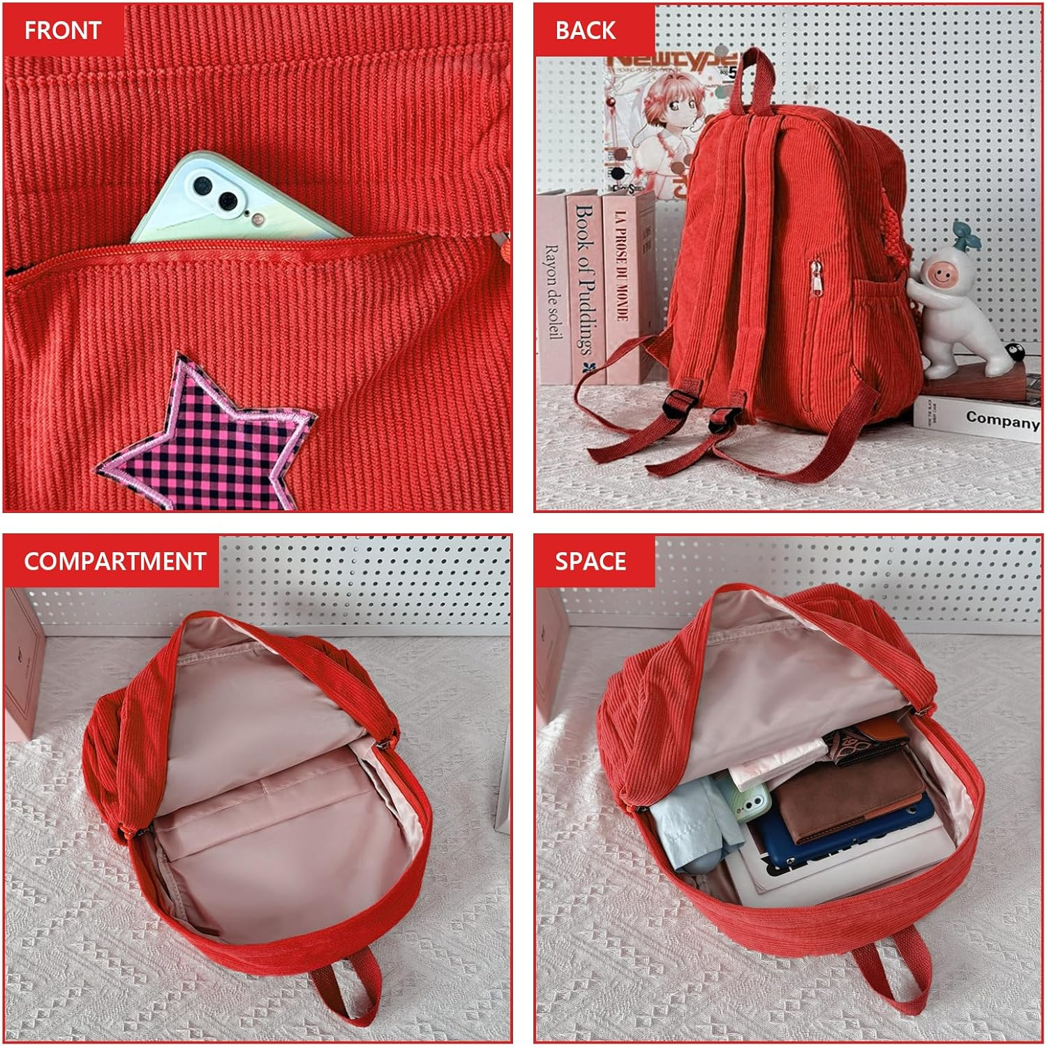 Taolivingmart Corduroy Backpack with Star Pattern, Trendy and Versatile, Fits 14'' Laptop Large Capacity Daily Commute