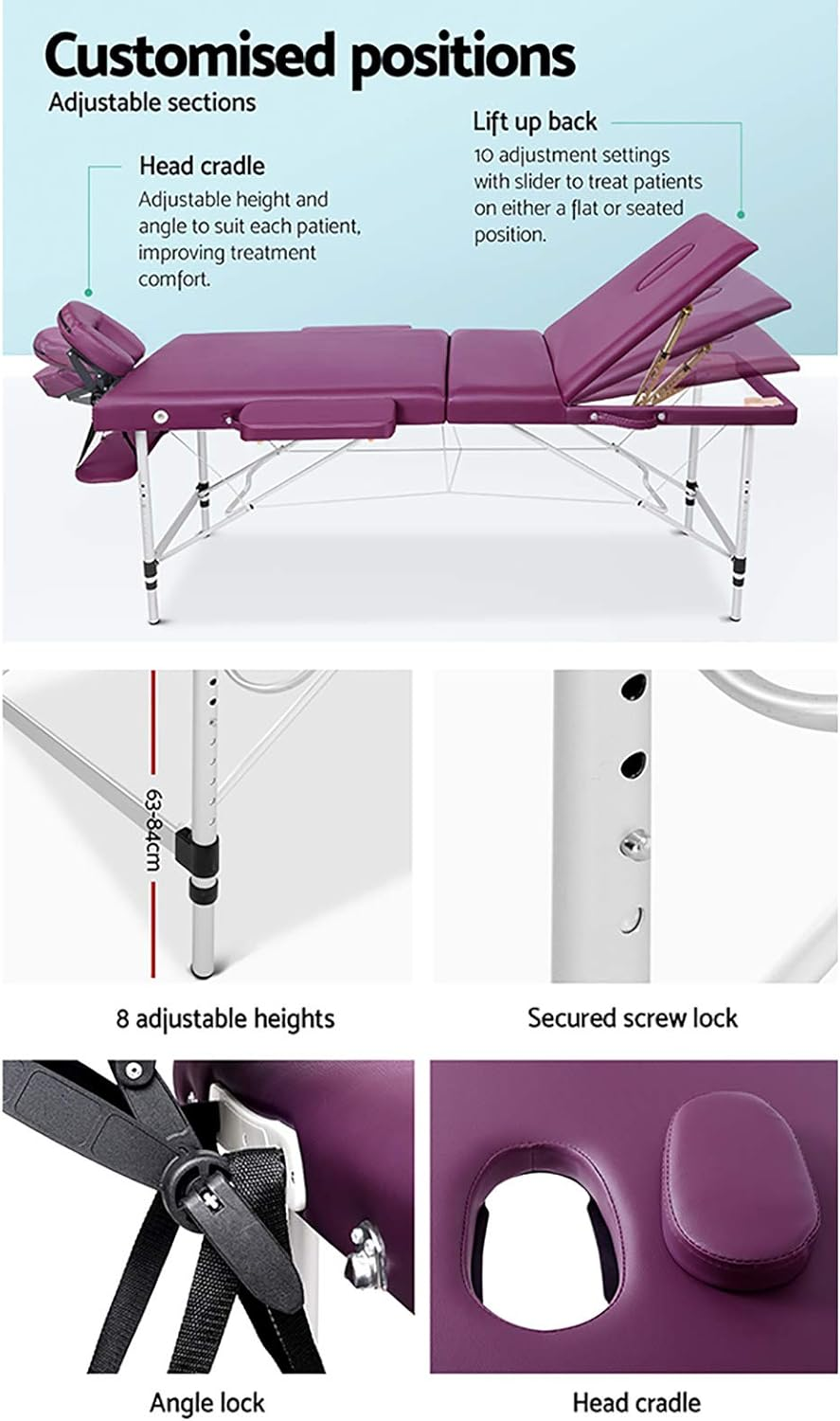 Zenses Massage Table Violet 75Cm Portable Aluminium, Massages Therapy Bed Headrest Chairs, Folding 3 Fold Beauty Spa Waxing Bounes Cover Covers Carry Bag image number 4