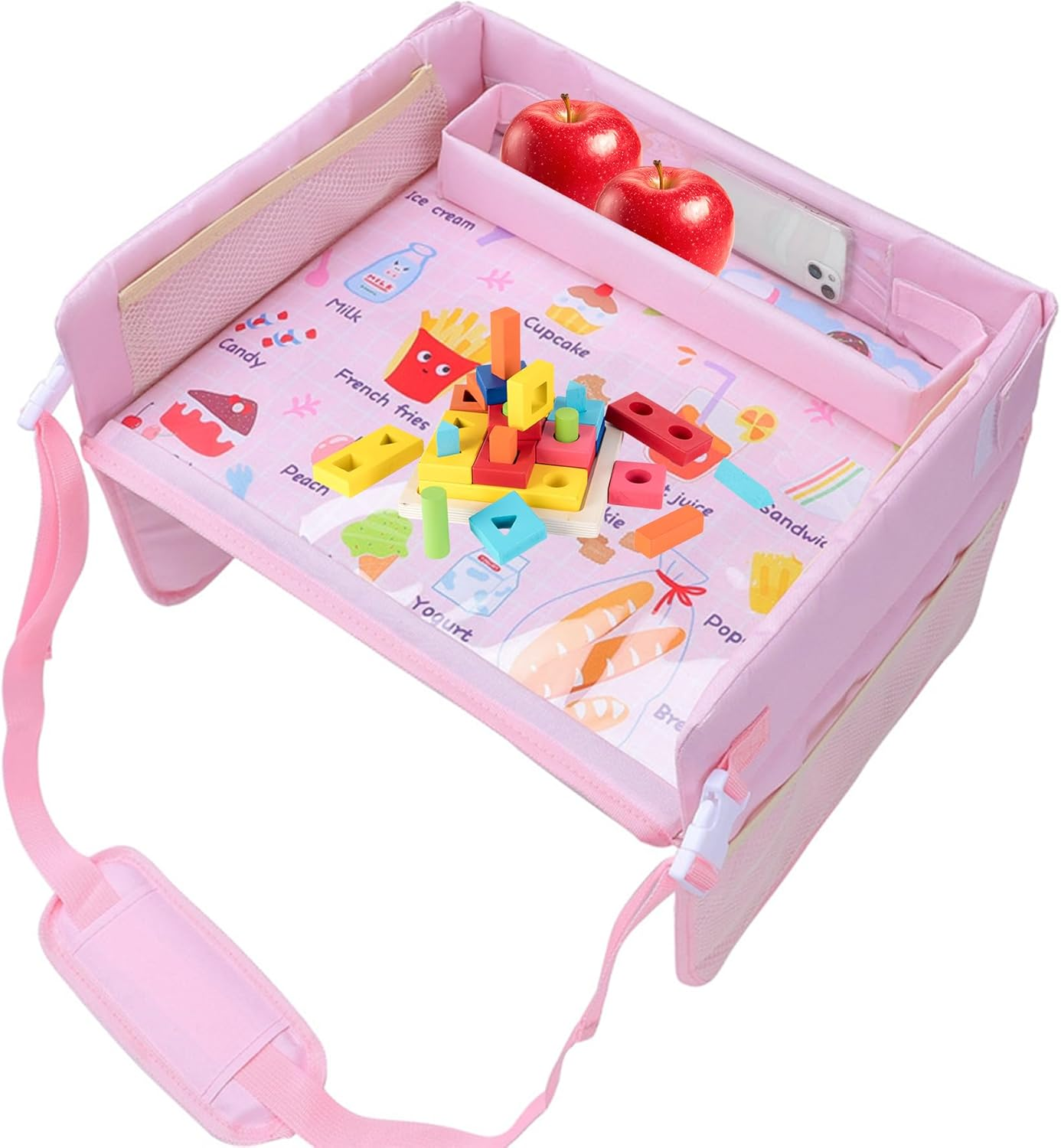 Kids Travel Tray for Car, Car Seat Tray for Kids Travel, Road Trip Essentials, Toddler Lap Desk Organizer, Soft Padding, Waterproof, Carseat Table for Roadtrip Activities (Pink)