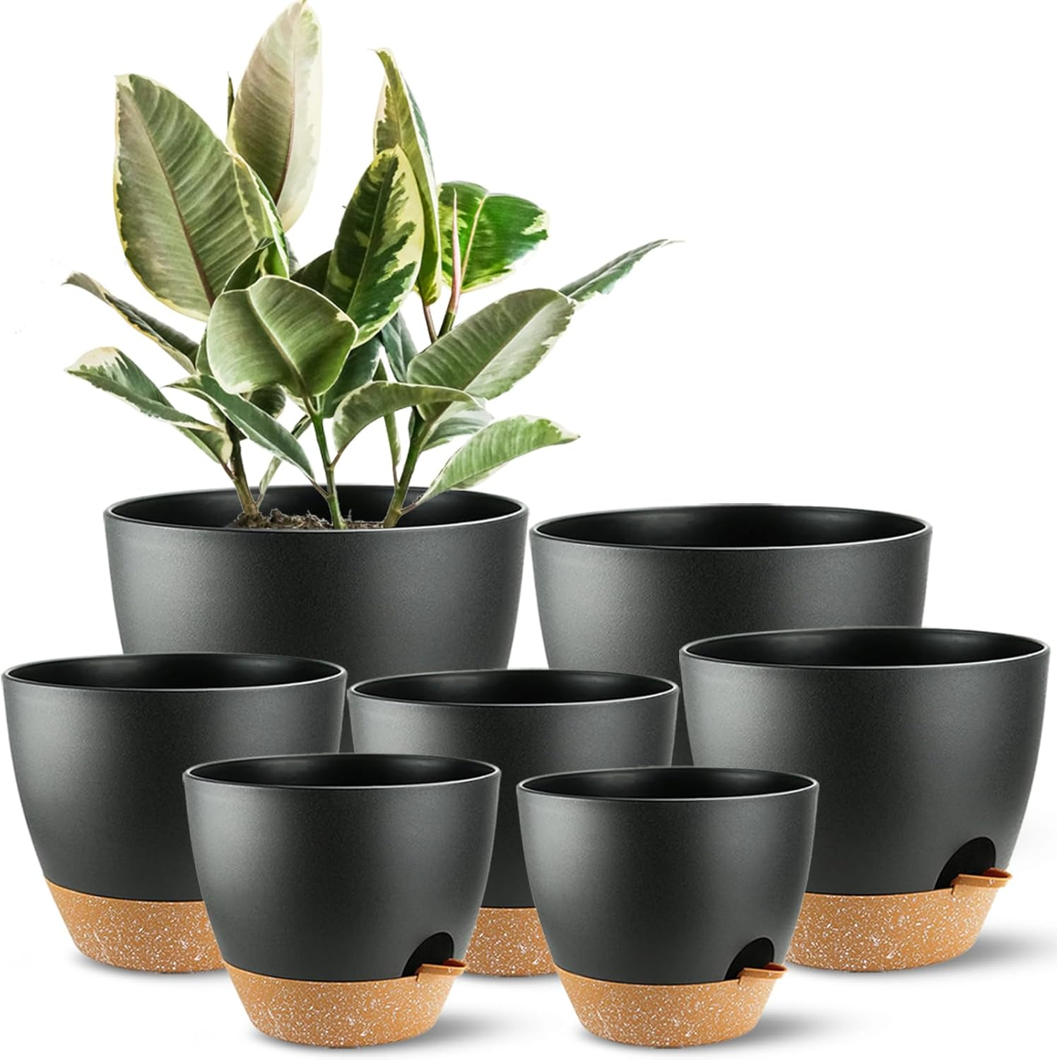 Self Watering Plants Pot with Drainage Hole, Flower Plants Pots for Indoor & Outdoor, Black Plastic Self Watering Planters Succulent Pot 5Pcs/Set