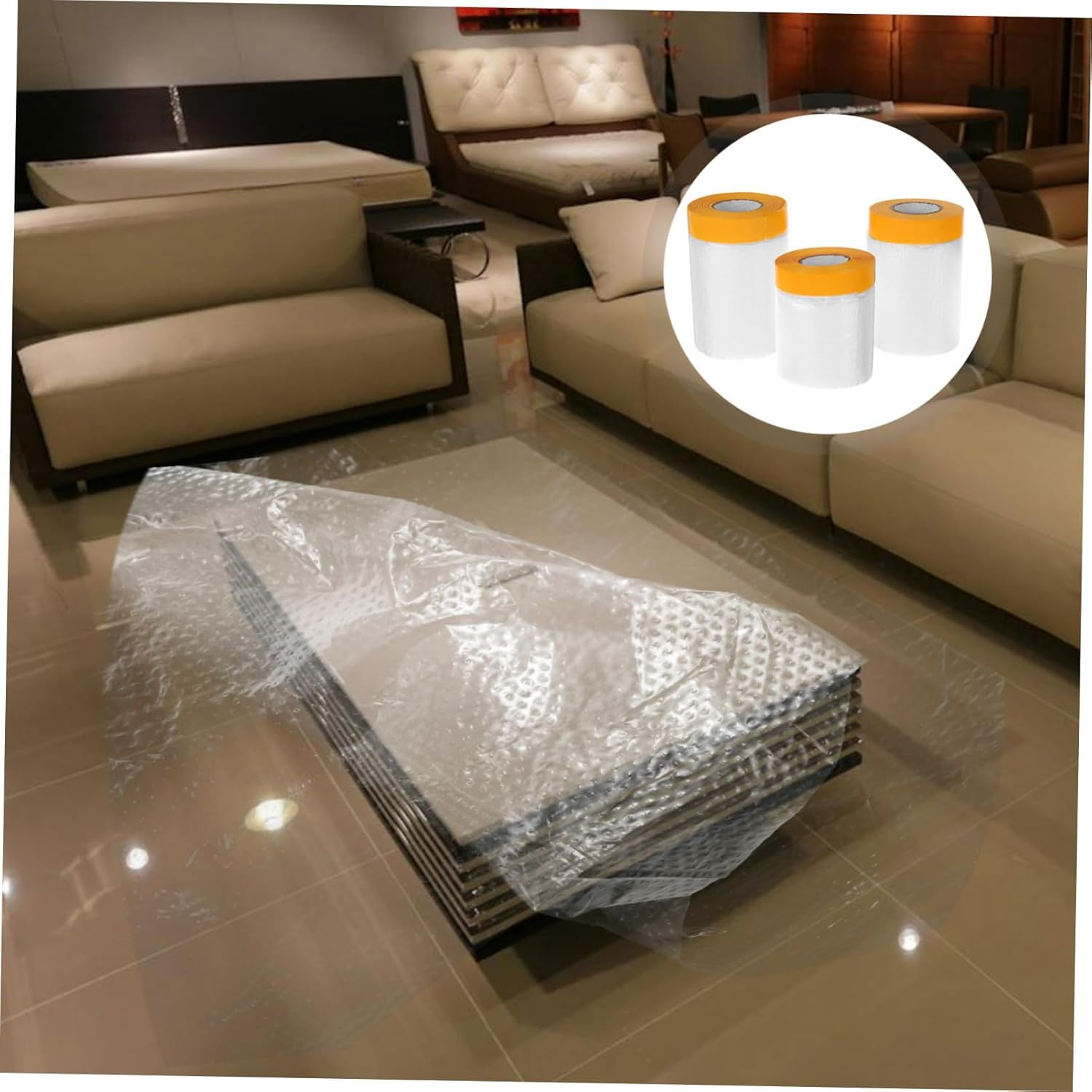 3 Rolls Paint Masking Film Pre-Taped Adhesive, Protective Plastic Sheeting for Furniture and Auto Body, Dustproof Covering for Painting and Renovation, 30Cm 40Cm 55Cm Each image number 6