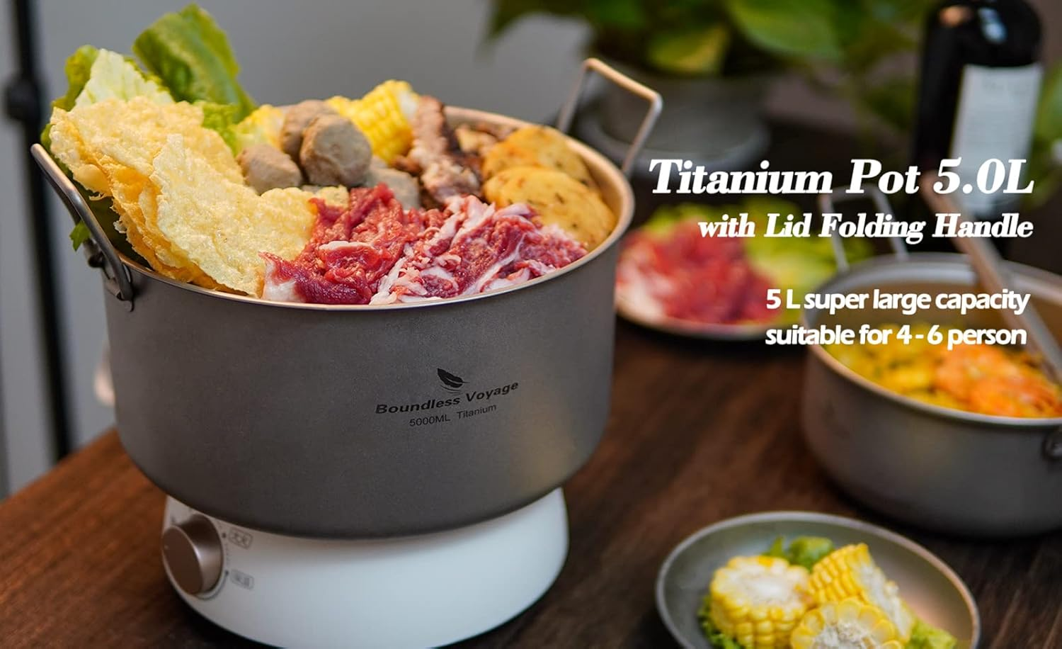 Boundless Voyage Ti2104C 5L Outdoor Camping Titanium Pot with Lid Folding Handle Hiking Picnic Portable Large Capacity Stockpot Cooking Pot image number 3