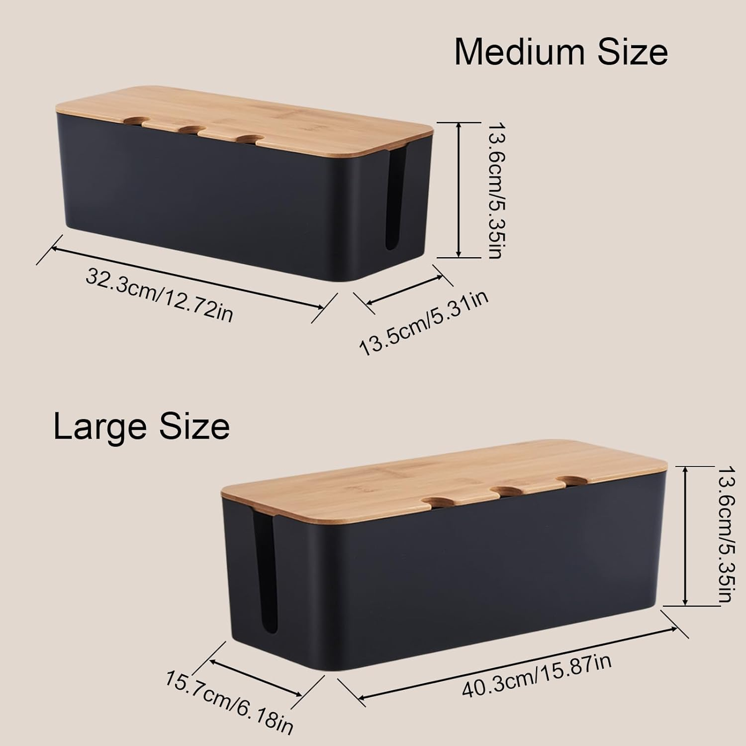 Zarek Set Two of Bamboo Cover Cable Management Box, Large Storage Tidy,Wires Keeper Holder for Computer, Desk, TV, Phone Holder, Powerboard Charging Cable, Strong Organiser Box on Home&Office（Black） - Black image number 2