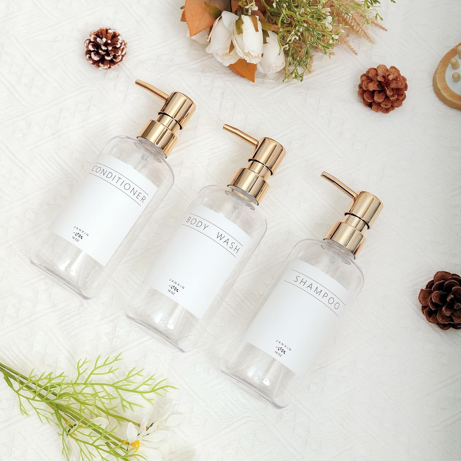 Janxin Shampoo and Conditioner Dispenser Set of 3,Modern Refillable 16Oz Shampoo and Conditioner Bottles with Pump,Stylish Shower Soap Dispenser with Waterproof Labels for Bathroom(Clear) image number 3