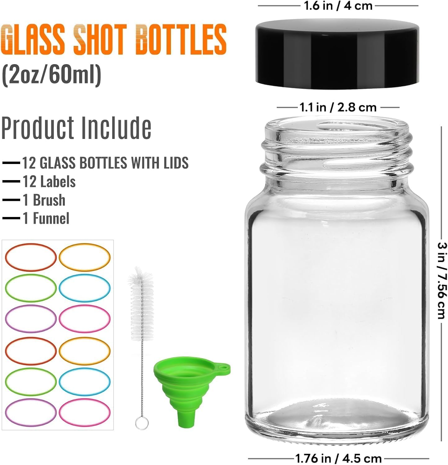 2 Oz Small Clear Glass Bottles with Lids - 60 ML Wide Mouth Shot with Caps Reusable for Ginger Shots, Juice, Potion, Liquids, Whiskey - Mini Travel Bottles with Funnels, Stickers (12Pcs-Clear)