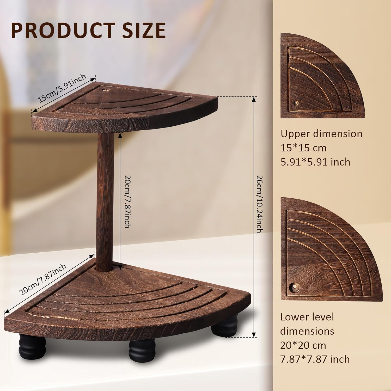 Fwqofvk 2 Tier Decorative Wood Riser, Rustic Corner Shelf, Countertop Bathroom Organizer, Farmhouse Riser, Corner Counter Shelf, Wood Tray for Kitchen Bathroom Dish Soap Tan image number 6