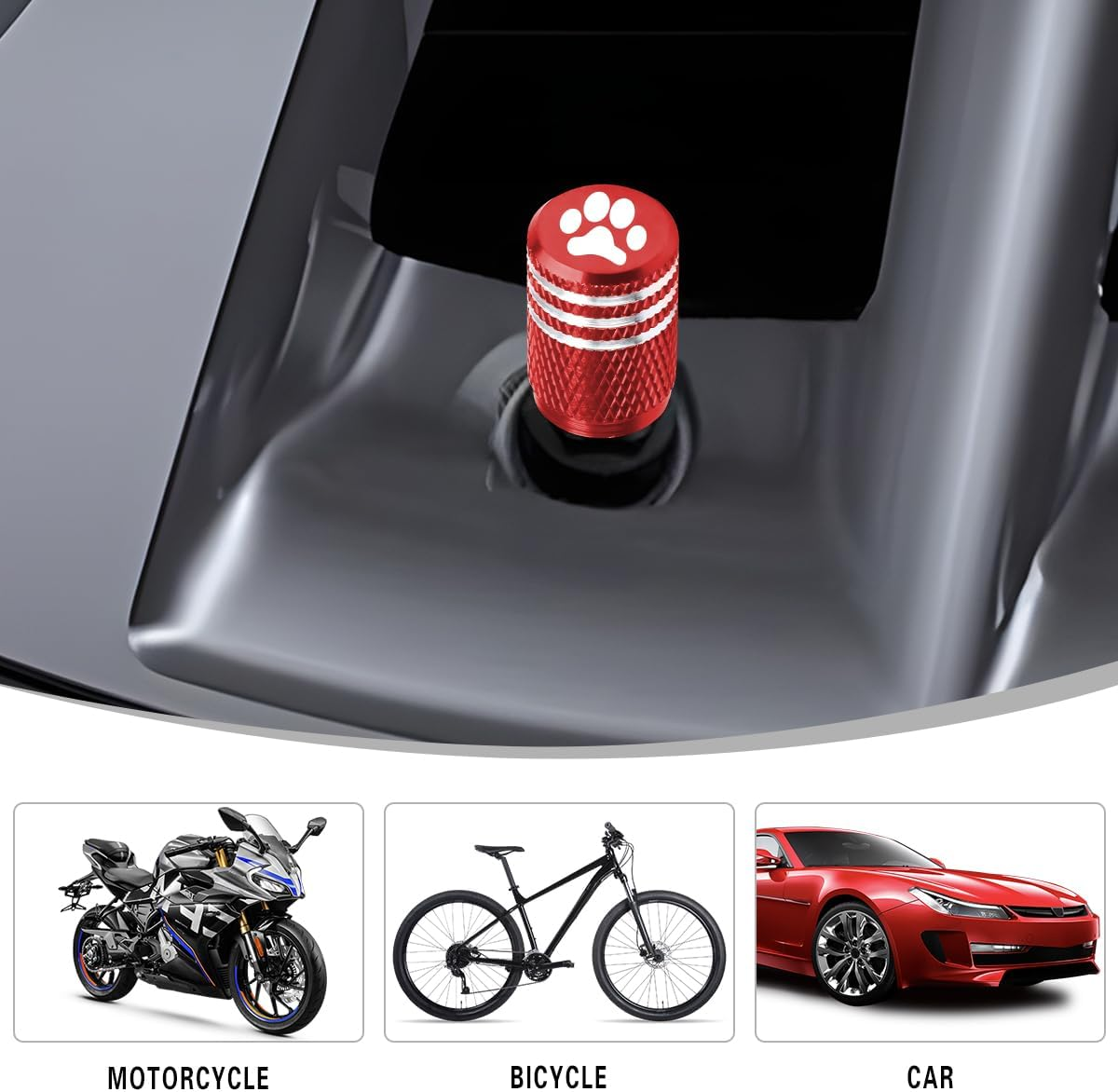 JNNJ Set of 4 Valve Caps with Rubber Ring Seal, Aluminium Alloy Car Wheel Dust Caps, Aluminium Alloy Cycling Valve Caps, Car Tyre Valve Cap, Universal Dust Cap, Alloy (Red) - Black image number 3