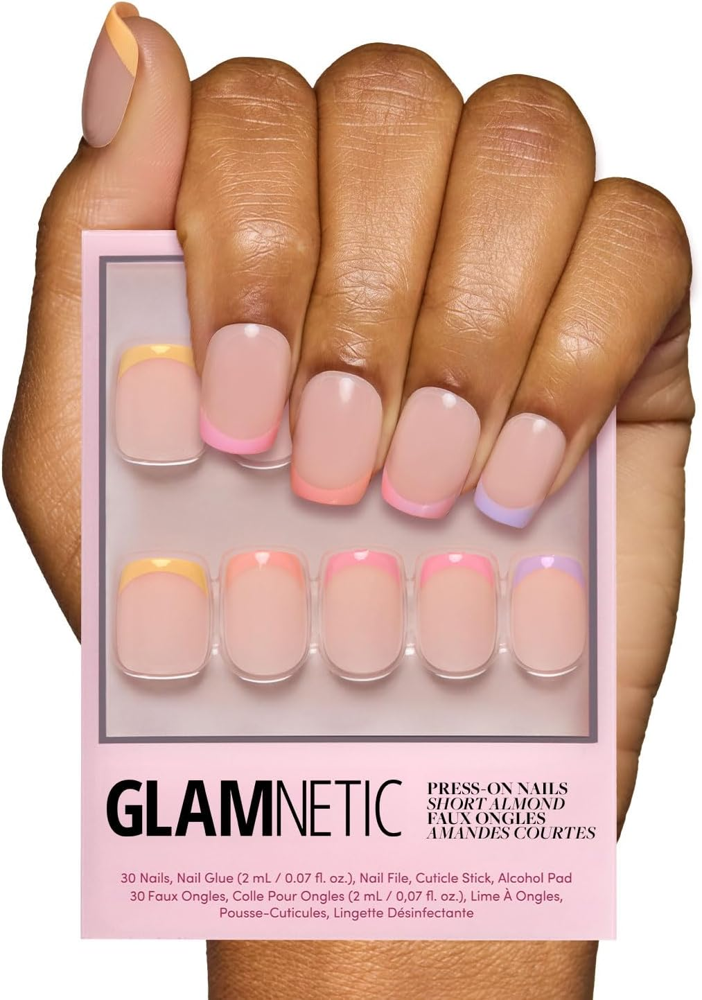 Glamnetic Press on Nails - All Time Love, Short Nails with French Tips and Leaf Details, Reusable Adhesive False Nails, Love in Bloom Spring Nails, 15 Sizes - Kit of 3