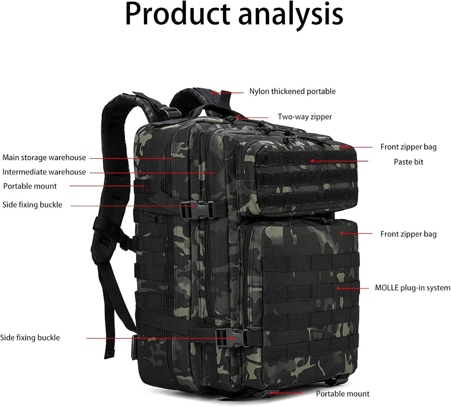 Toguma 50L Tactical Backpack Assault Pack with Adjustable Shoulder Strap, Hiking Trekking Rucksack Large Daypack Laptop Backpack Computer Bag for Woman Man (Camouflage Black) image number 1