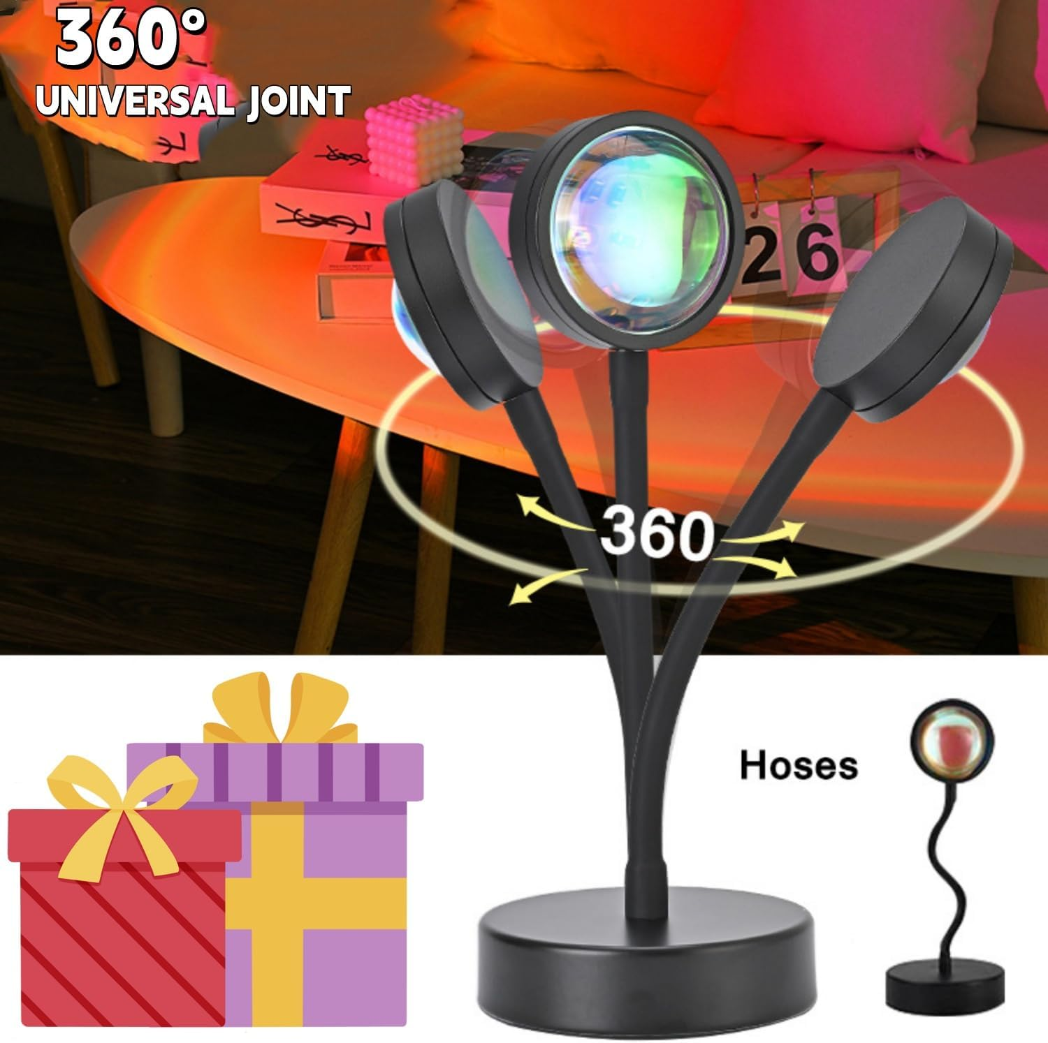 Sunset Lamp Projection, 360&deg; LED Sunset Lamp with App & Remote Control, 16 Million Colors Multicolour Palette Ambient Lighting,For TIK Tok Video Room Decor