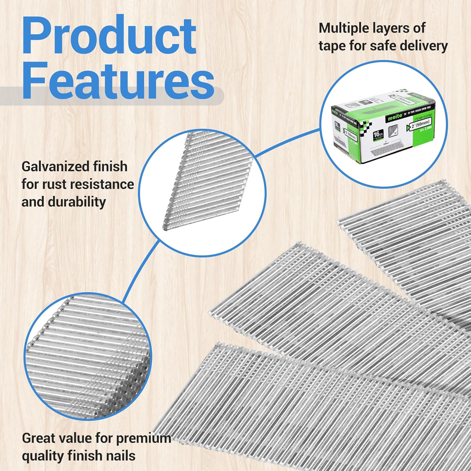 Meite 16 Gauge Angled Finish Nails, 50 Mm 20 Degree Galvanized Finishing Nails for Electric or Pneumatic Nailer Guns - Perfect for Window Trim, Cabinet Building and Other DIY Projects (2,000 Counts) image number 1