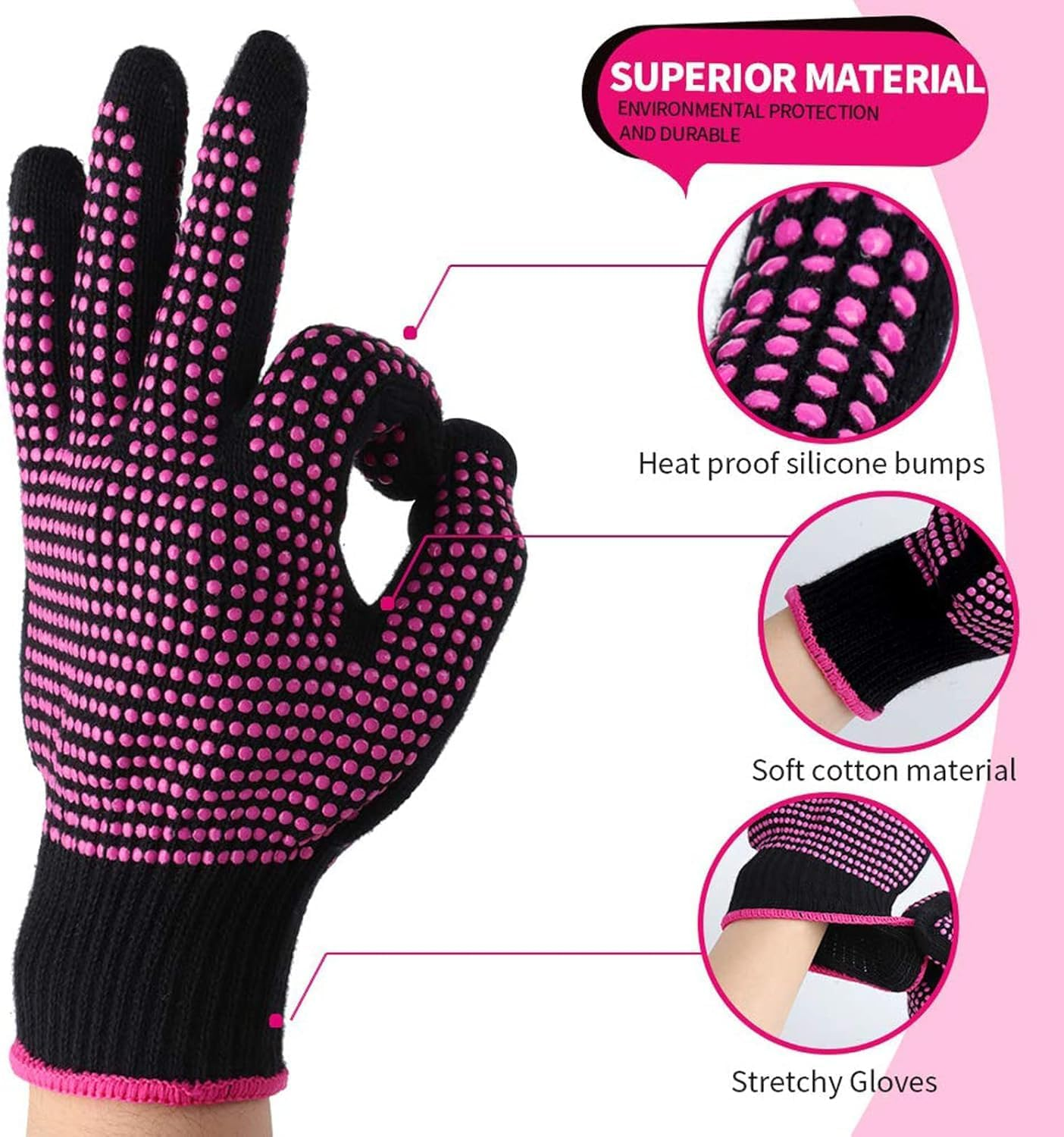 2Pcs Professional Heat Resistant Glove with Silicone Bumps for Hair Styling Curling Iron Wand Flat Iron Hot-Air Brushes Prevent Palm Burns image number 6