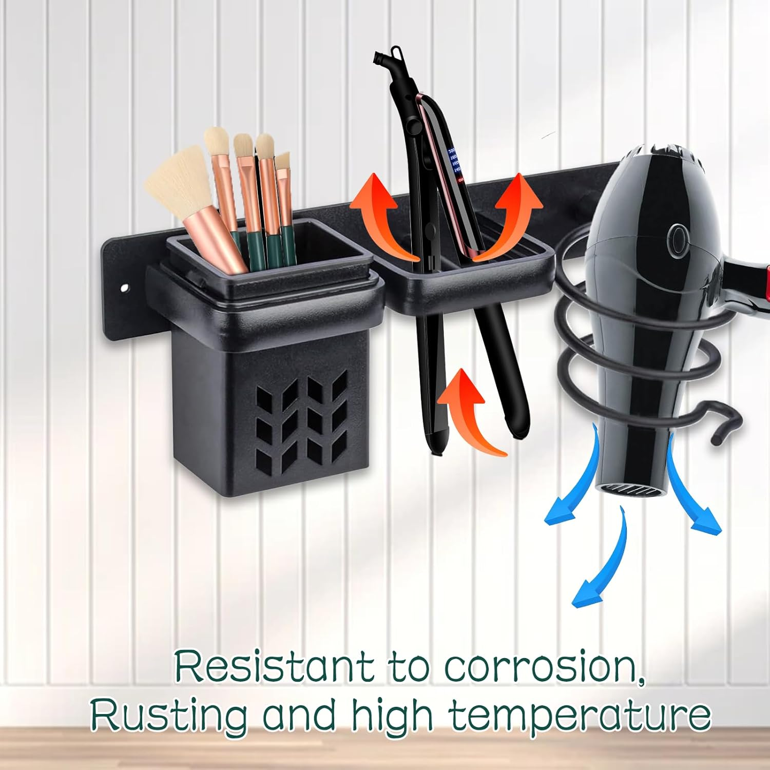 Teaque Hair Dryer Holder, Hair Dryer Holder, Wall No Drilling, Aluminium Hair Dryer Holder with Plug Holder & Storage, Bathroom Organiser for Hotel, Bathroom, Living Room, Barbershop (Black) image number 3