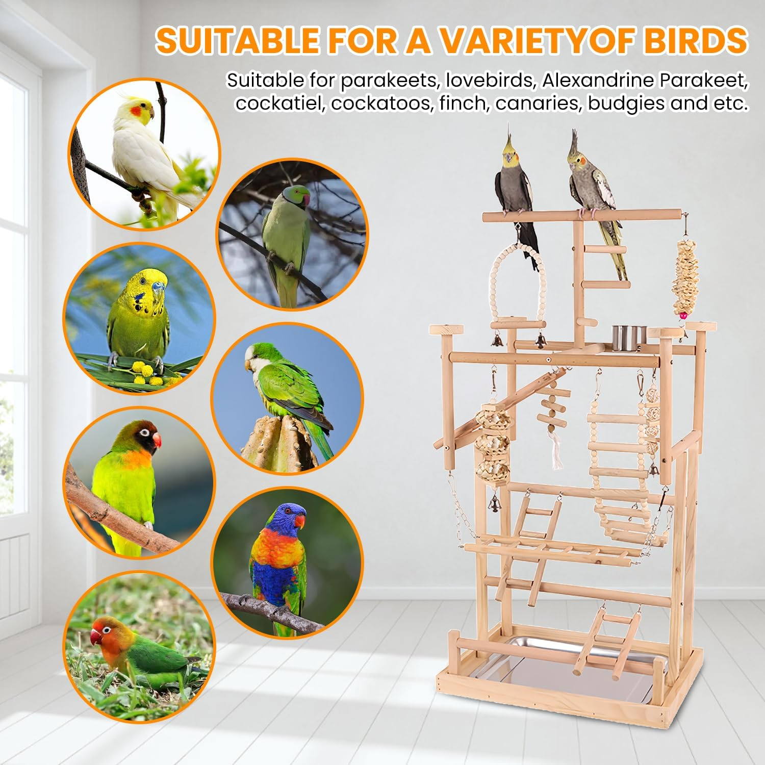 Uandhome Bird Playground,4 Tier Parrots Playstand for Small to Medium Birds, Perch Stand with 3 Ladders Playgym with Rope Perch, Swings Feeder Cups Bird Cage Accessories for Conure Cockatiel Lovebirds image number 3
