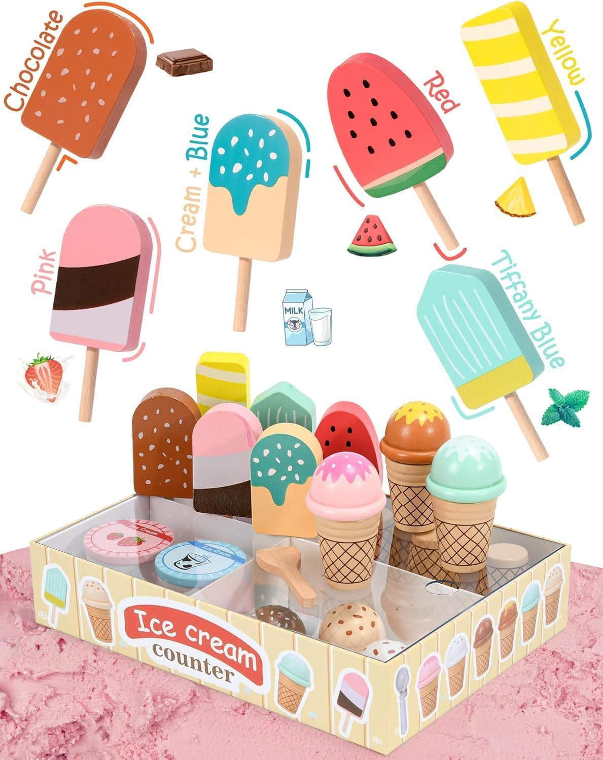 Wooden Ice Cream Toys Kids Pretend Play Store Toys for Toddlers Girls 3-5, Play Kitchen Accessories with Counter & Menu, Wooden Food Christmas Birthday Gifts for 3 4 5 Year Old Girls Boys image number 4