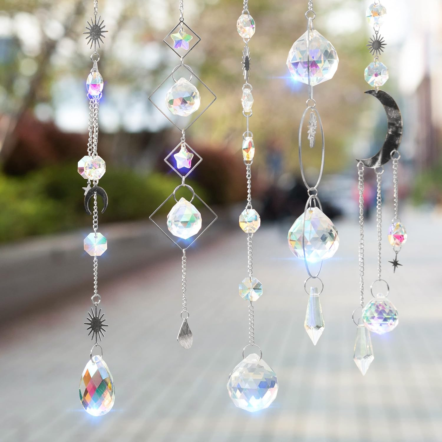 Nuyikaso 5Pcs Suncatcher Crystal Hanging Wind Chimes Rainbow Sun Moon Pendant Sun Catcher Balls for Window Home Garden Christmas Day Party Wedding Decor Silver image number 4