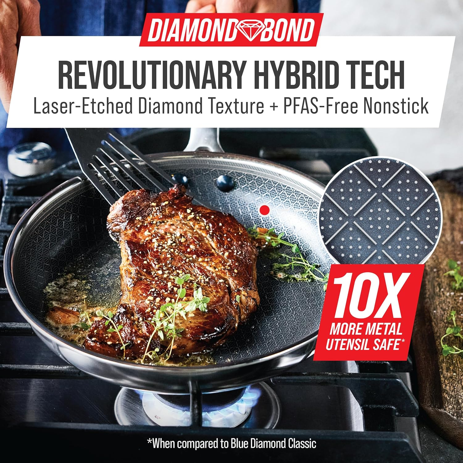 Blue Diamond Hybrid Nonstick Stainless Steel 12 Piece Cookware Set, Tri-Ply Pfas-Free Ceramic Diamond Bond Pots & Pans, Dishwasher & Oven Safe to 850F, Induction Ready, Metal Utensil Safe, Silver image number 4