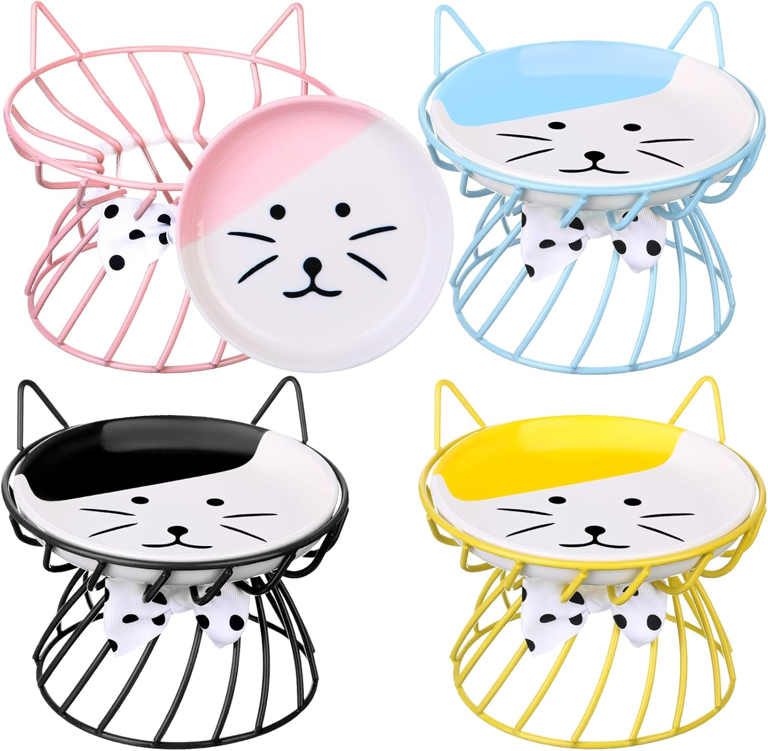 Sunnyray Cat Feeder, 4 Pcs Elevated Ceramic Cat Bowls with Metal Stand, Whisker Friendly, anti Vomit, Dishwasher Safe, for Dog Pet (Multicolor) image number 2