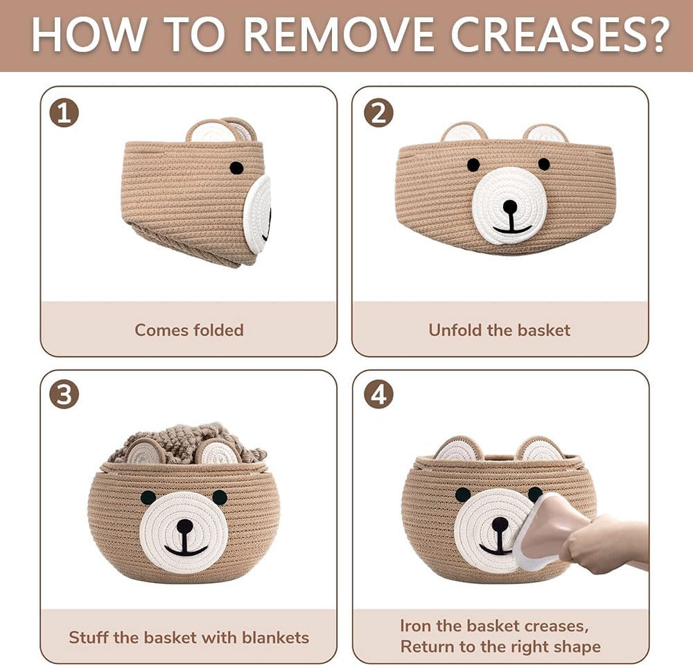 Cotton Rope Baby Basket for Nursery &ndash; Cute Bear Gift Basket for Kids, Small Animal Storage Basket with Handles, Empty Baby Shower Hamper, Khaki image number 2