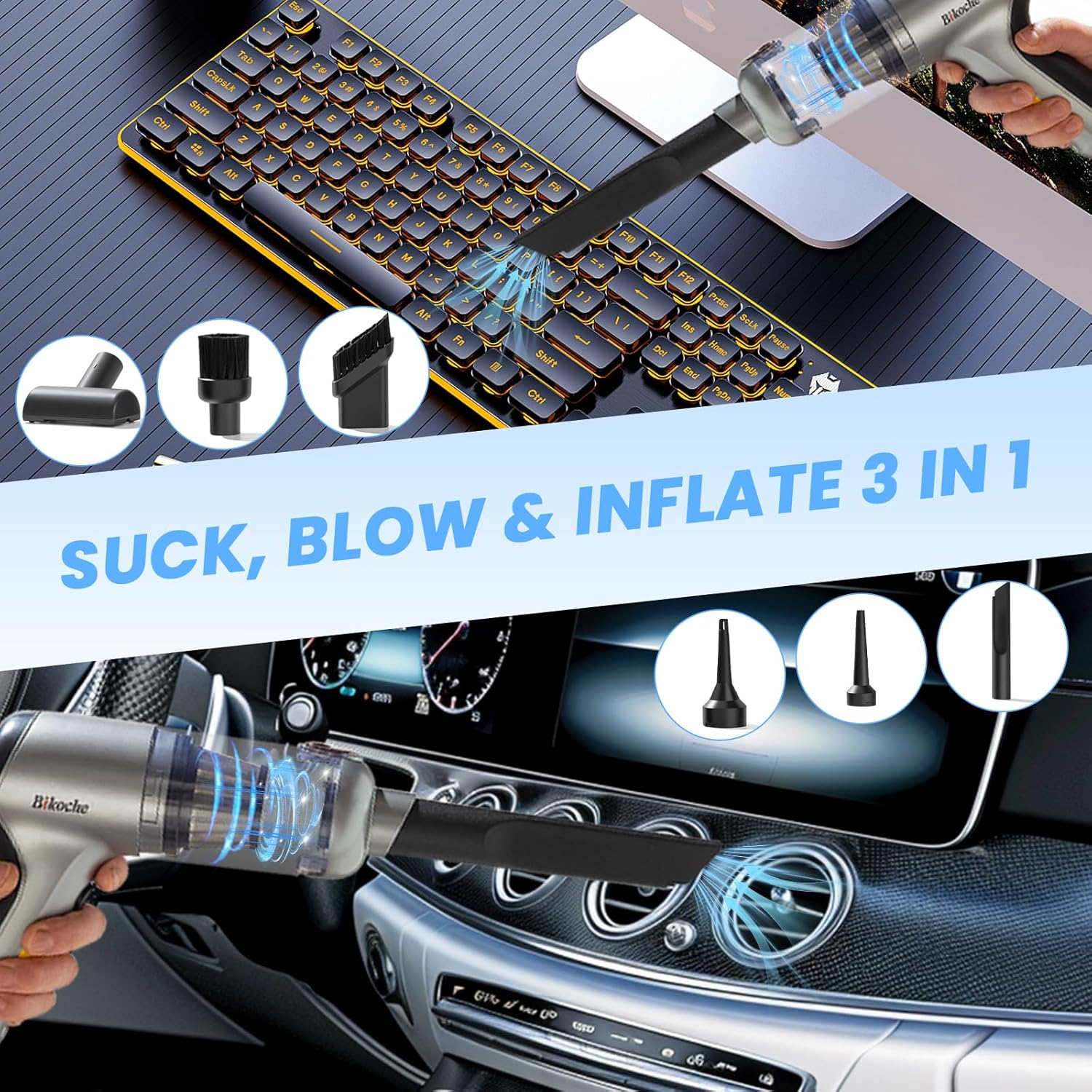 Car Vacuum Cleaner - 3 in 1 Powerful Rechargeable Mini Car Vacuum, Portable Vacuum Blower with Brushless Motor, Cordless Handheld Vacuum for Car, Home, Keyboard Cleaning image number 5
