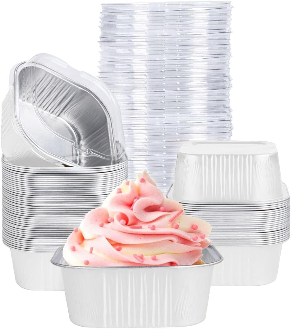 40 Pack Mini Cake Pans with Lids, 5Oz Square Aluminum Foil Brownie Baking Cups, Muffin Tin Ramekins, Disposable Dessert Cupcake Cups for Wedding Birthday Party, White - Blue image number 7