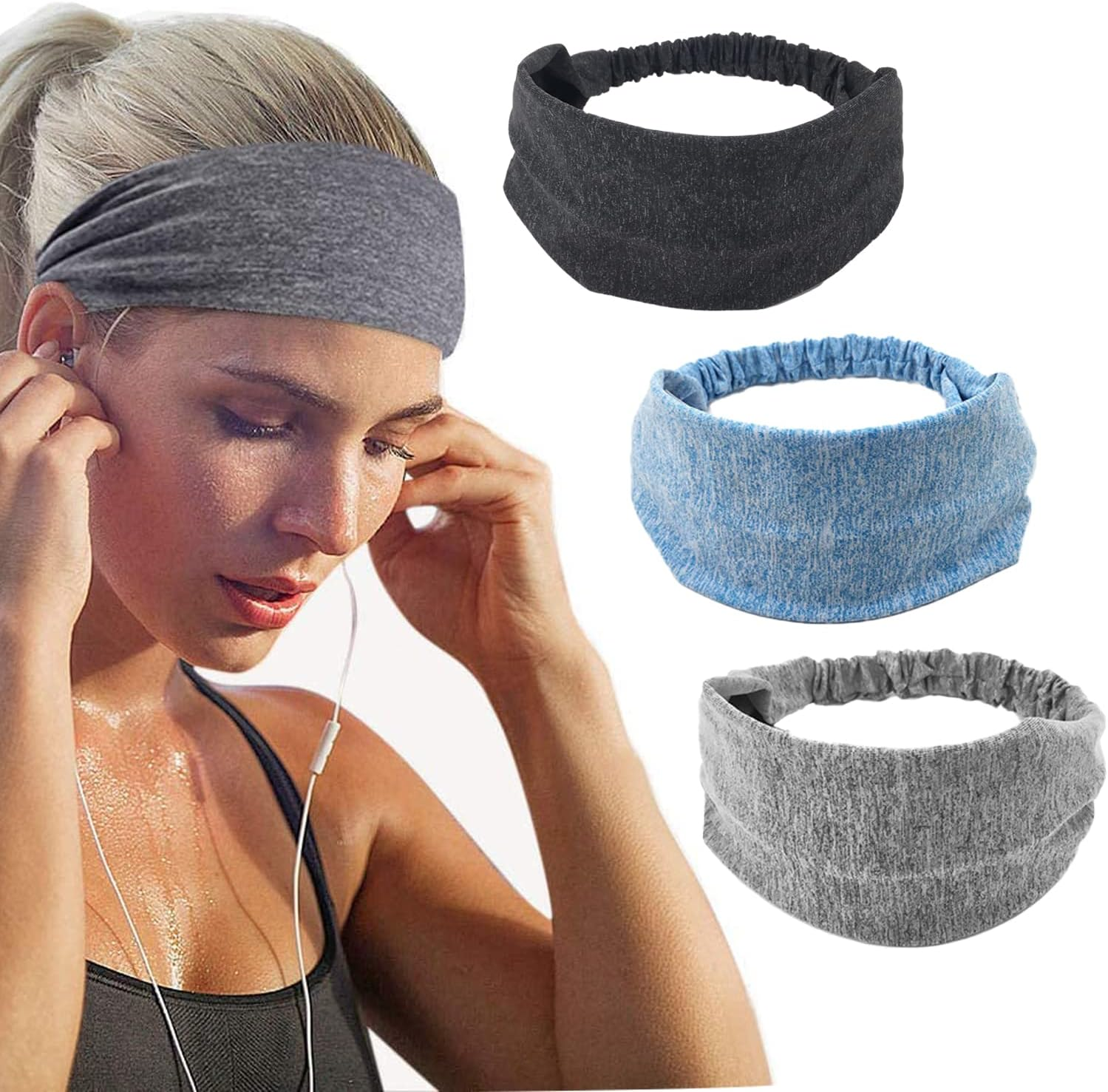 Pack of 3 Sports Headbands, Elastic Hair Bands, Non-Slip Sweatband, Highly Stretchy Hair Band for Jogging, Running, Hiking, Makeup, Bicycle and Basketball (Colour 3) image number 4