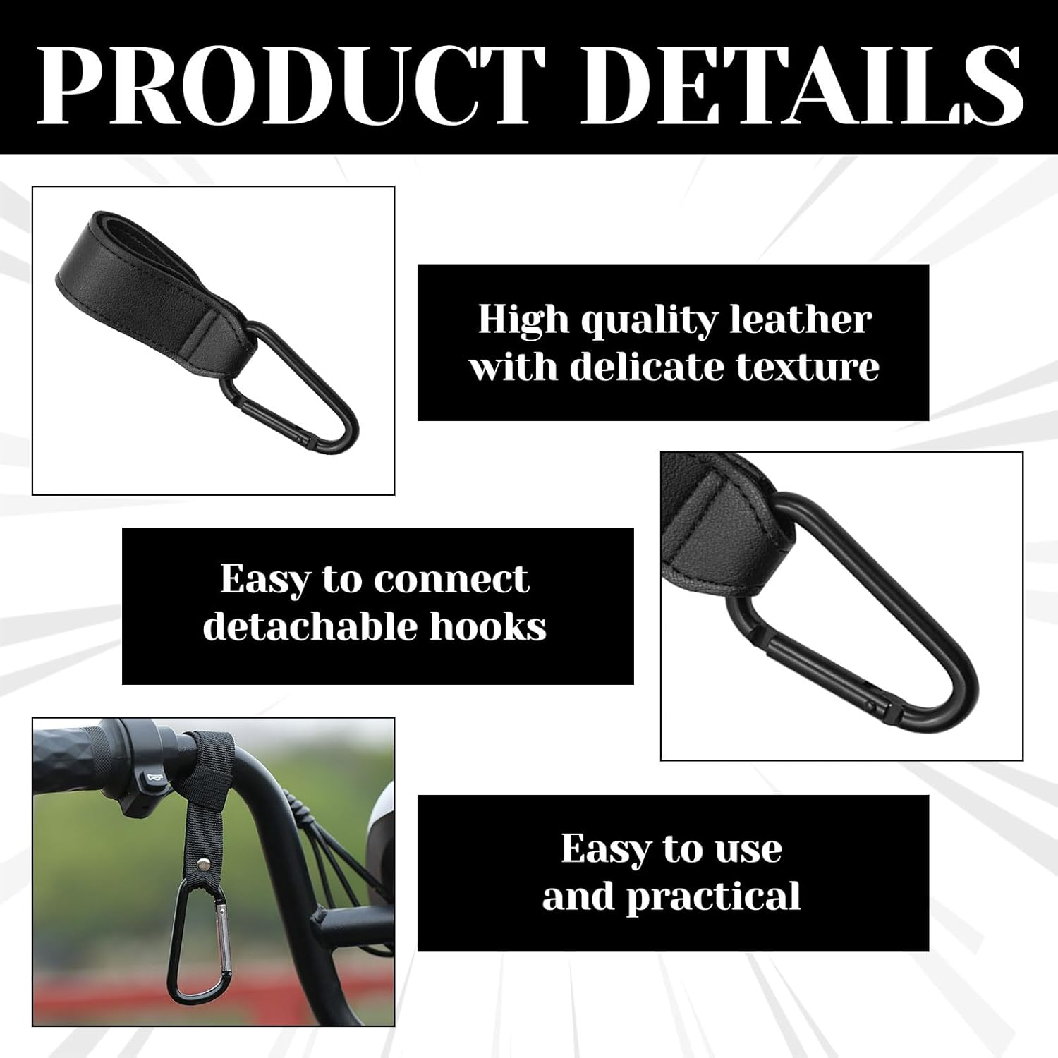 Pram Hooks, 4 PCS Pram Accessories, Baby Stroller Hook, 2 Leather Stroller Hooks + 2 Normal Loop - Hanging Straps, Multipurpose Hooks Pram Clips with Sturdy Carabiner and Strong Magic image number 2