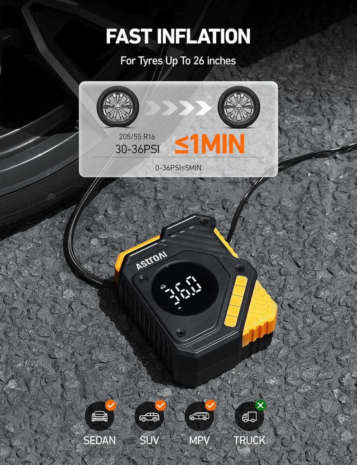 Astroai Car Tyre Inflator Air Compressor 12V DC, 150 PSI Digital Tyre Pump with Pressure Gauge, Large LCD Display, Smart Preset & Auto Stop, for Car, Motorcycle, Bike Tyres
