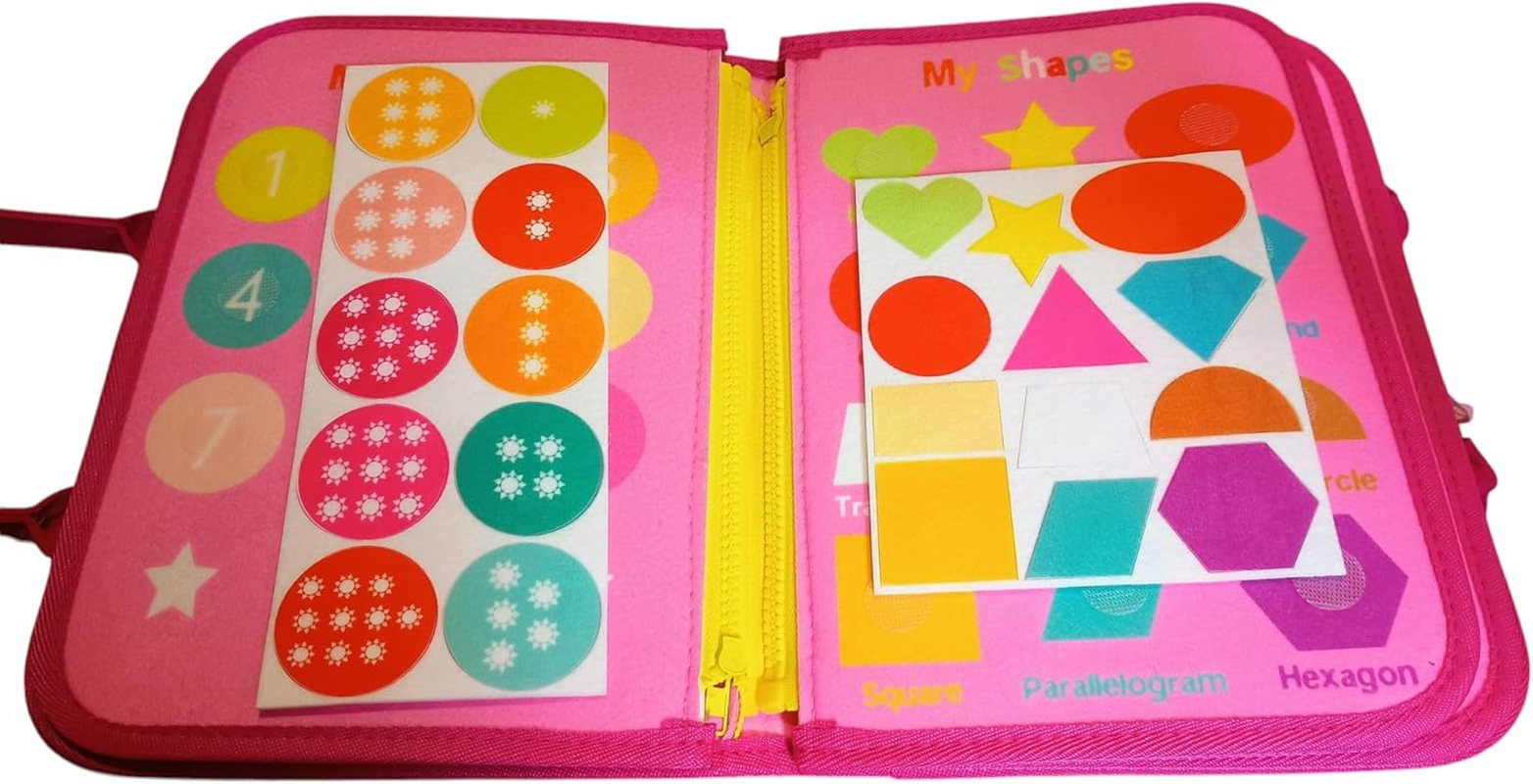 Busy Board - 8 in 1 Preschool Eary Learning Educational Travel Toys with Life Skill, Alphabet, Number, Shape, Color, Animal and Weather - Gifts for Toddlers Quiet Book, Montessori Learning (Pink) - Ink Blue image number 3