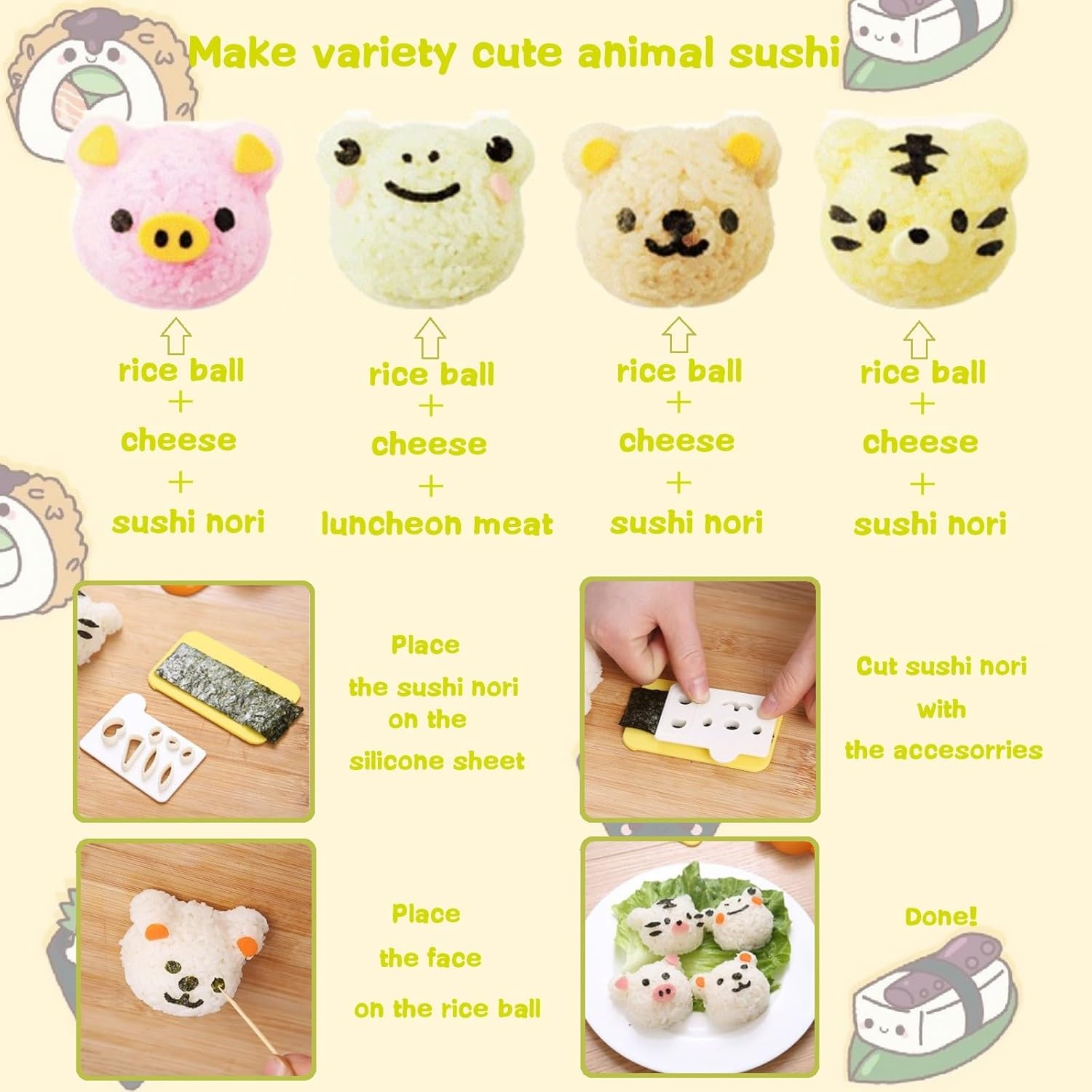 Rice Ball Mold for Kids 21PCS Onigiri Mold Set Cute Animal Sushi Molds Rice Shaper Rice Ball Shaker Bento Box Accessories DIY with Nori Seaweed Punch Cutter Food Picks, SSMJ-H21