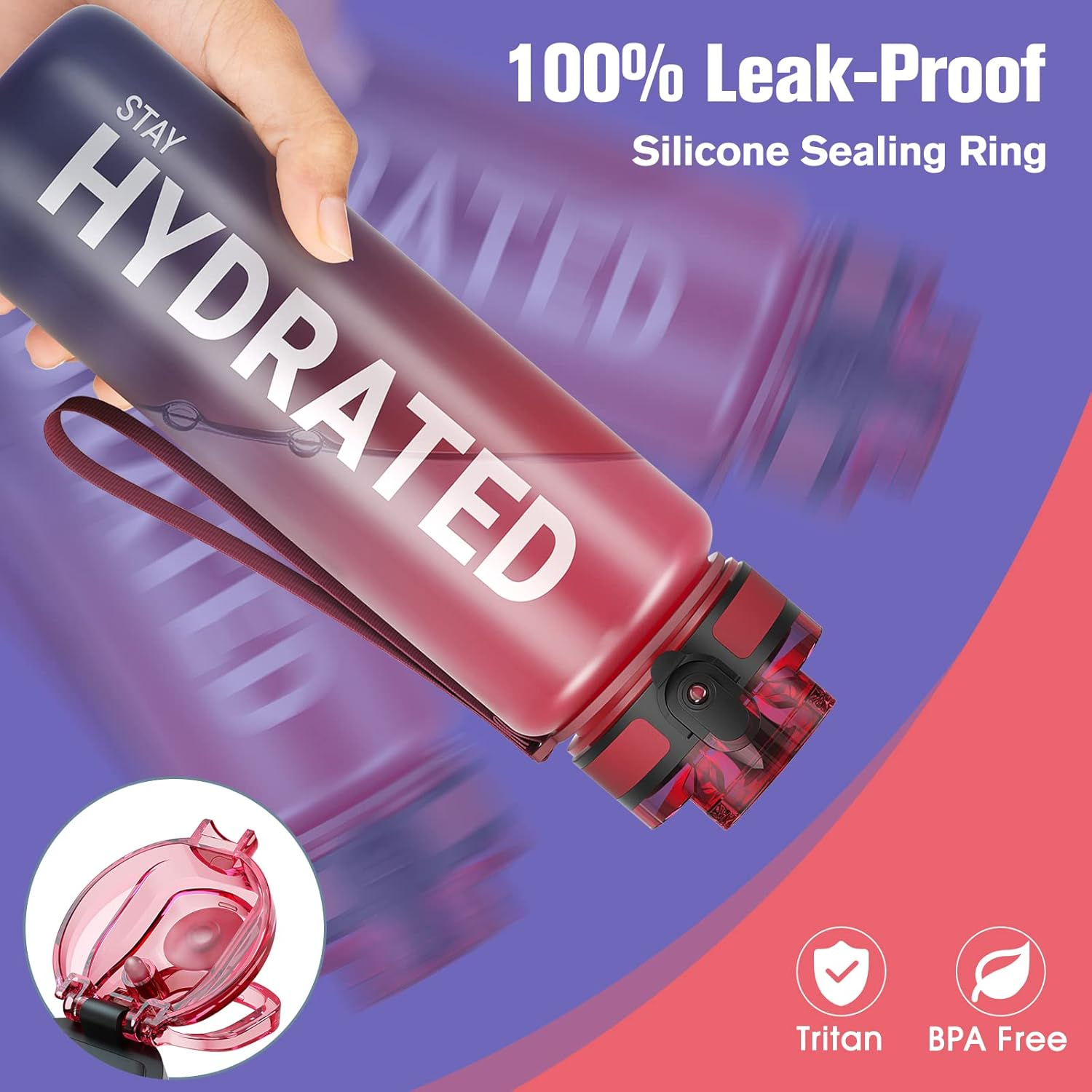 Sahara Sailor Water Bottles, 32Oz Motivational Sports Water Bottle with Time Marker - Times to Drink - Tritan, BPA Free, Wide Mouth Leakproof, Fast Flow Technology with Clean Brush (1 Pack) - A-Bubble Gum image number 2