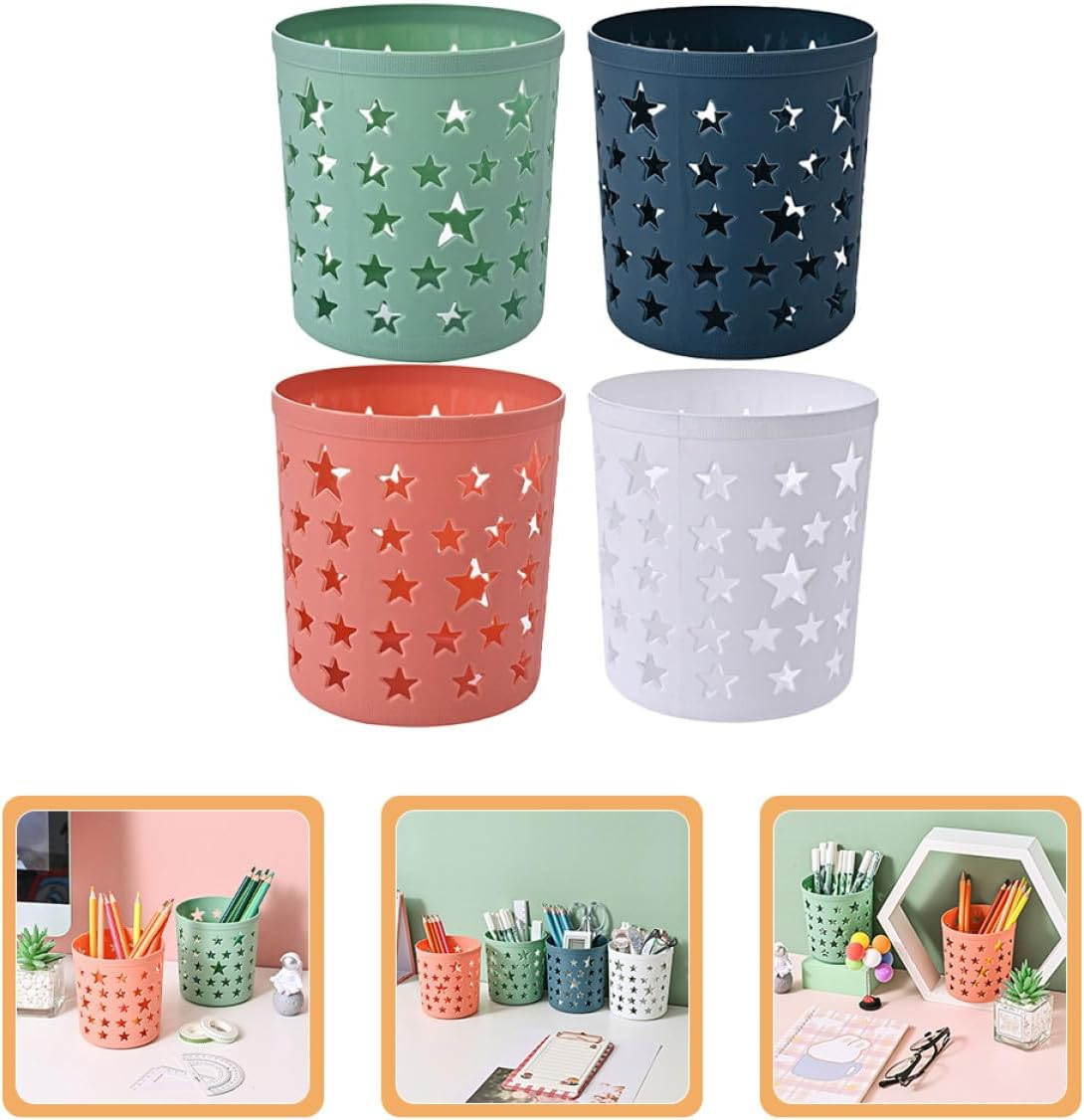AMUSLESUR Pencil Holder Desk Organizer 8Pcs round Plastic Pen Containers for Office and Home with Hollow Star Design in Teal Amber White Green image number 2