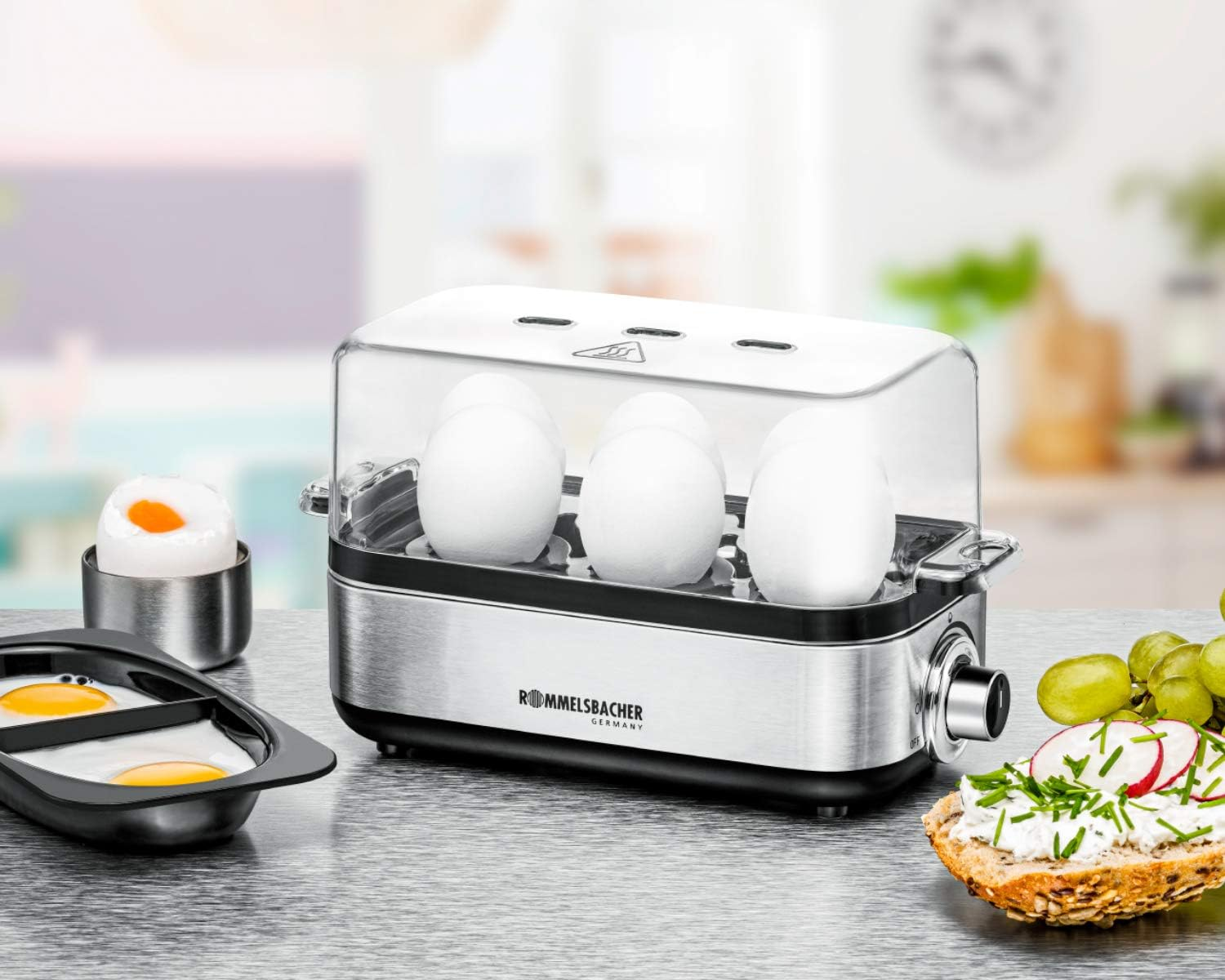 ROMMELSBACHER ER 600 Egg Cooker - for 1-6 Eggs, Adjustable Hardness, Electronic Cooking Time Monitoring, Stainless Steel Heating Bowl, Measuring Cup with Egg Pick, Poaching Insert, Cable Storage, 400 image number 6