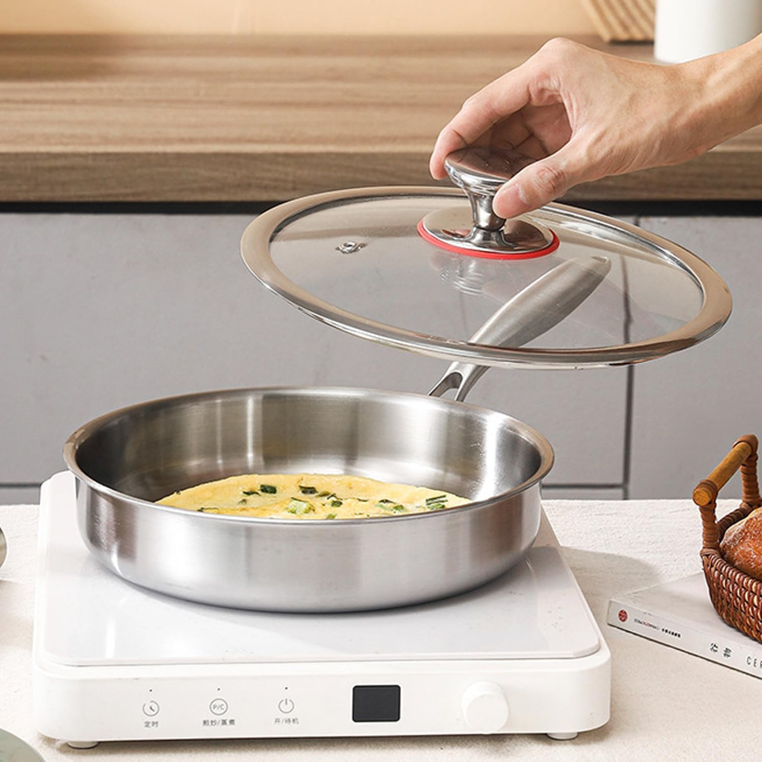 11 Inch (28 Cm) Flat Bottomed Frying Pan, Made of 304 Stainless Steel, Flat Bottomed Pan with Lid,Uncoated（Ptfe & Pfoa-Free）,Compatible with Gas, Electromagnetic, and Electric Stoves image number 3