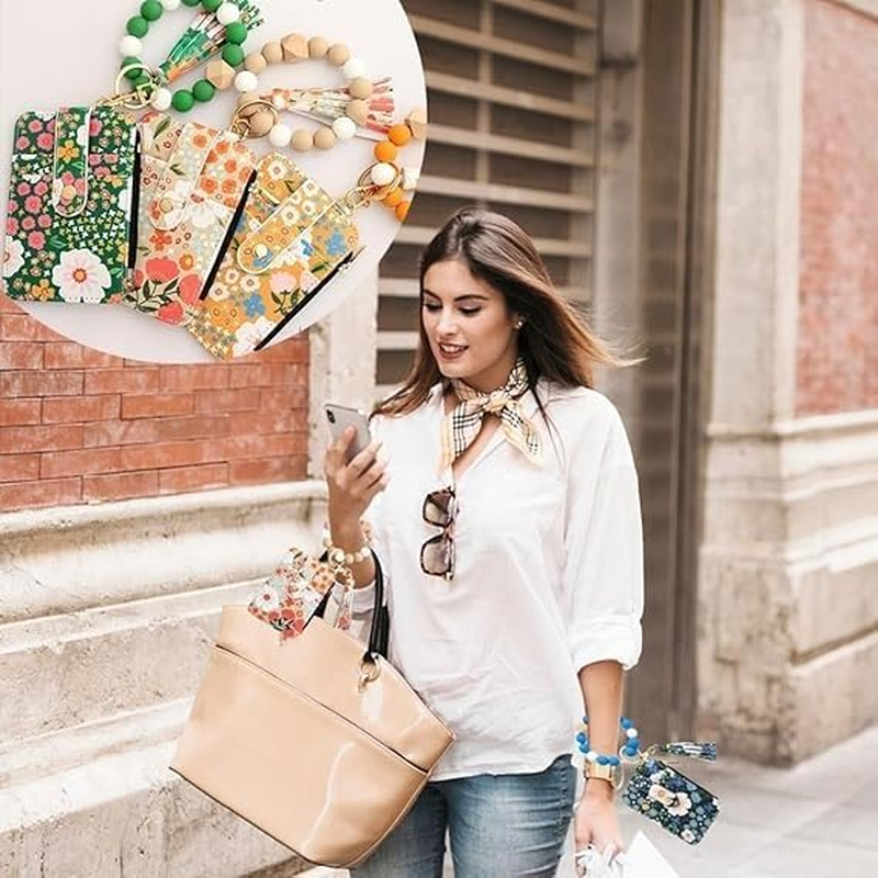 Bohemian Style Wristlet Wallet Keychain for Women, Floral Print Card Holder with Beaded Bracelet & Tassel, Leather Purse image number 2