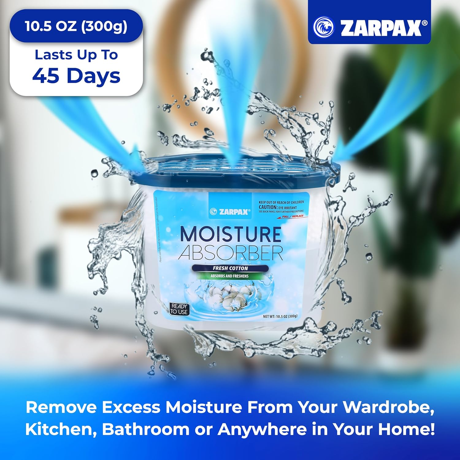 ZARPAX Moisture Absorber Fresh Cotton 300G | Removes Moisture, Damp & Humidity | Odor Absorber with Fresh Cotton Fragrance | Moisture Trap for Bathroom, Closet, Kitchen & Small Spaces | Set of 4 image number 2