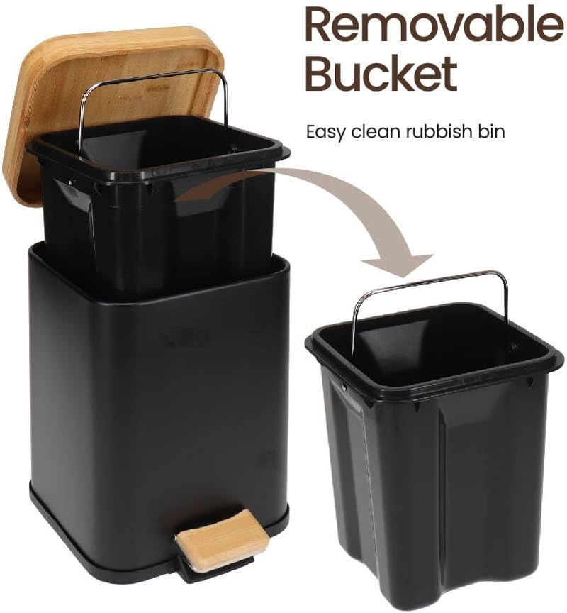 Eco Basics Rubbish Square Bin 3L, Black - Compact Bin with Recycled Plastic, Bamboo Lid & Pedal, Soft Close Quiet Operation, Space-Saving Design for Toilets, Living Rooms, & Small Spaces, 24X22X16Cm image number 1