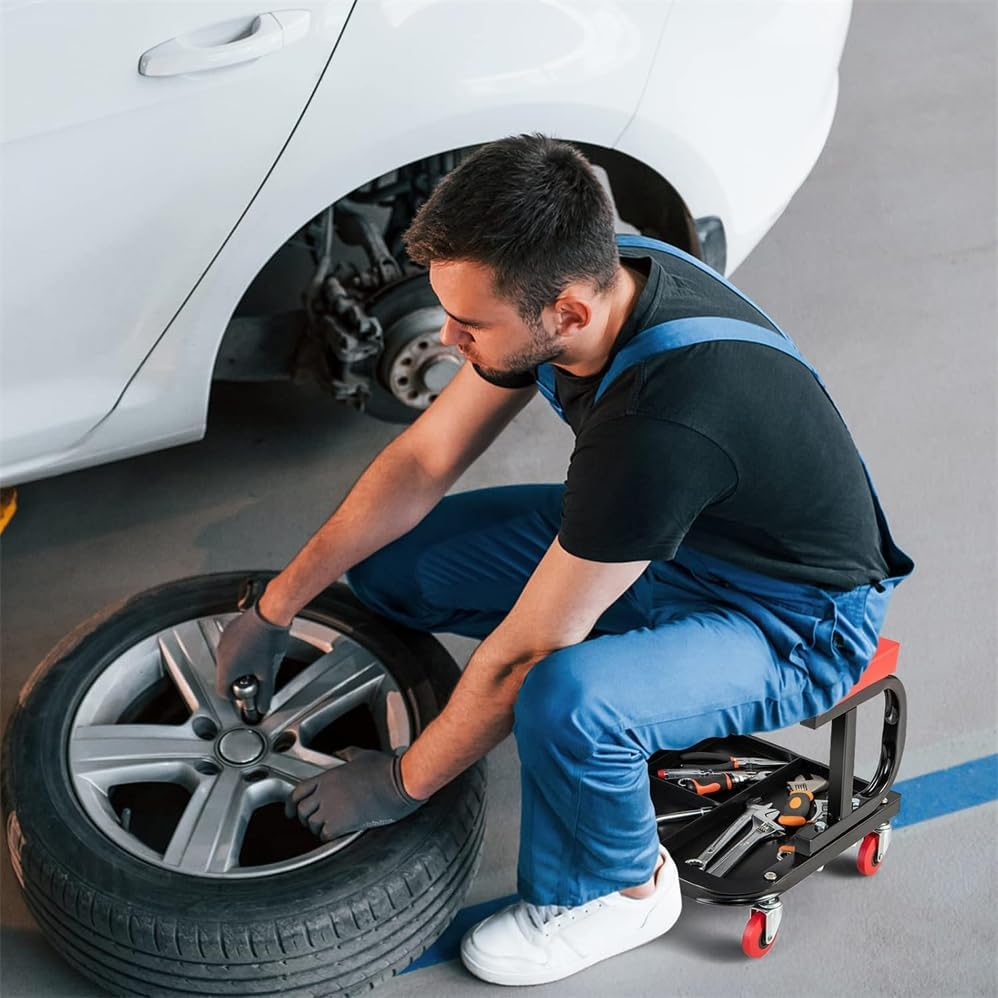 Rolling Creeper Seat, Garage Shop Stool on Wheels with Padded Seat & Tool Tray Storage, 330 LBS Capacity, Heavy Duty Mechanic Stool Chair Car Detailing Creeper for Workshop, Home image number 4