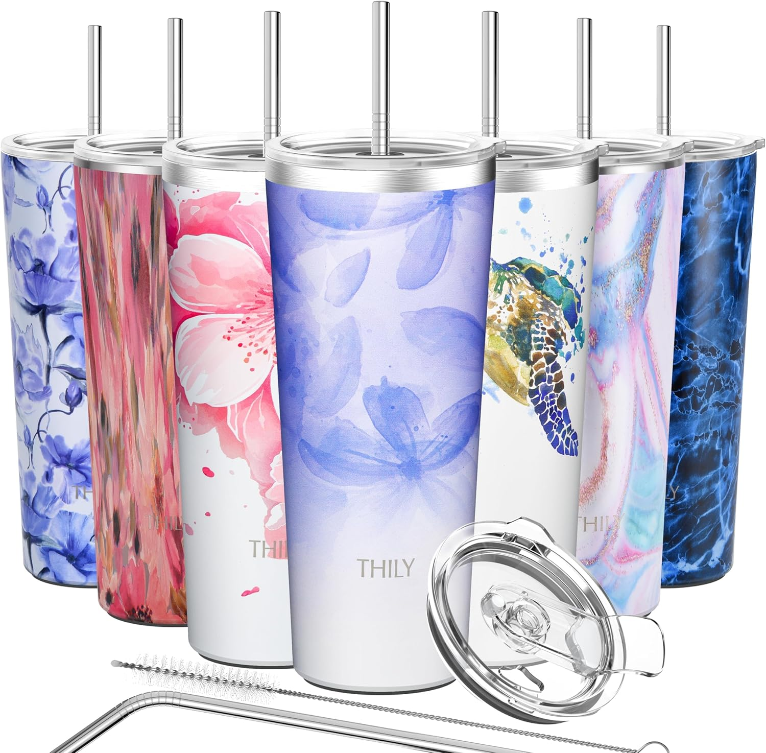 Stainless Steel Vacuum Insulated Tumbler - THILY Travel Mug 26 Oz Coffee Cup with 2 Lids and Straws, Splash Proof, Keep Ice Drinks Cold, Pink Lilies