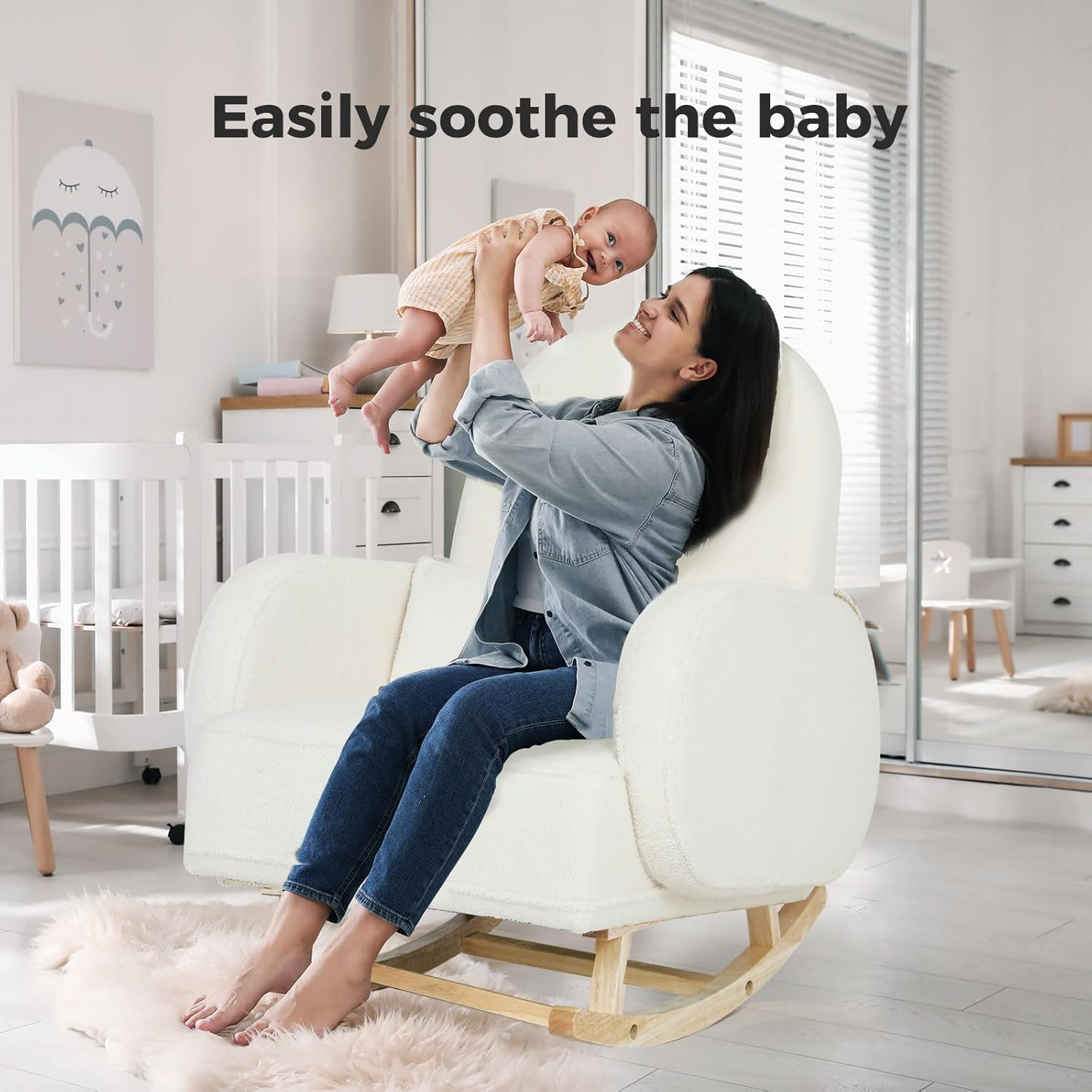 Levede Rocking Chair Nursery with Ottoman, Upholstered Glider Armchair with Footrest for Living Room or Bedroom, Ergonomic Cloud Design, Solid Wood Base, Max Load 85Kg, Beige image number 6