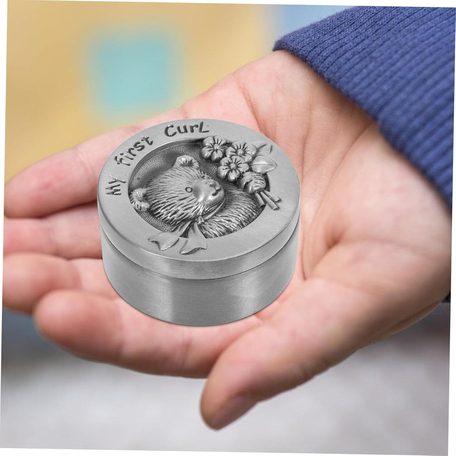 Metal Baby Fetal Hair Box My First Curl Box Infant Keepsake Storage Case Bear Design Antique Pewter for Newborn Memory image number 3