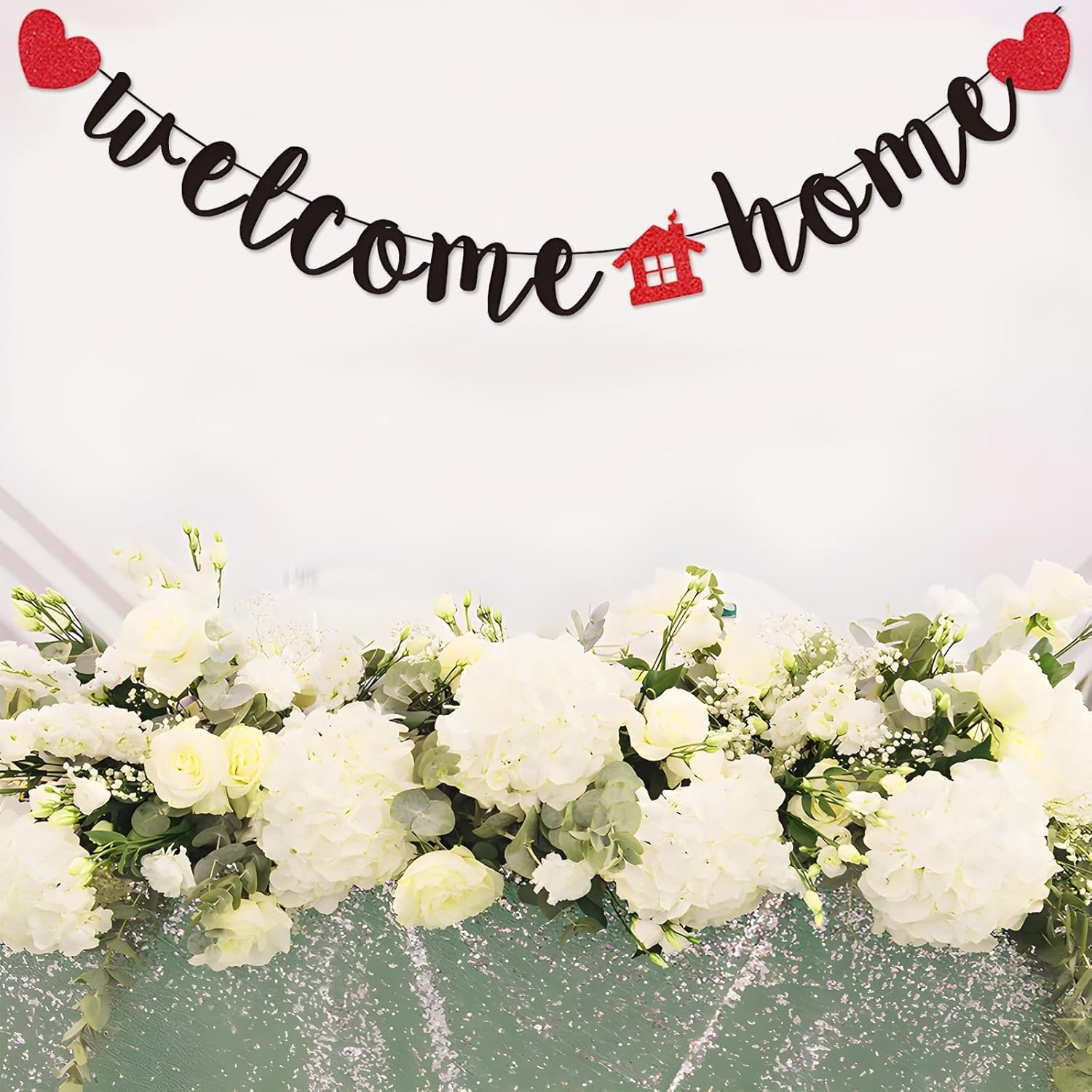 Welcome Home Banner, Black Glitter Welcome Home Banner on 8 Ft Strand - Housewarming, Homecoming, & Military Return Party Decorations & Decor (Red) image number 2