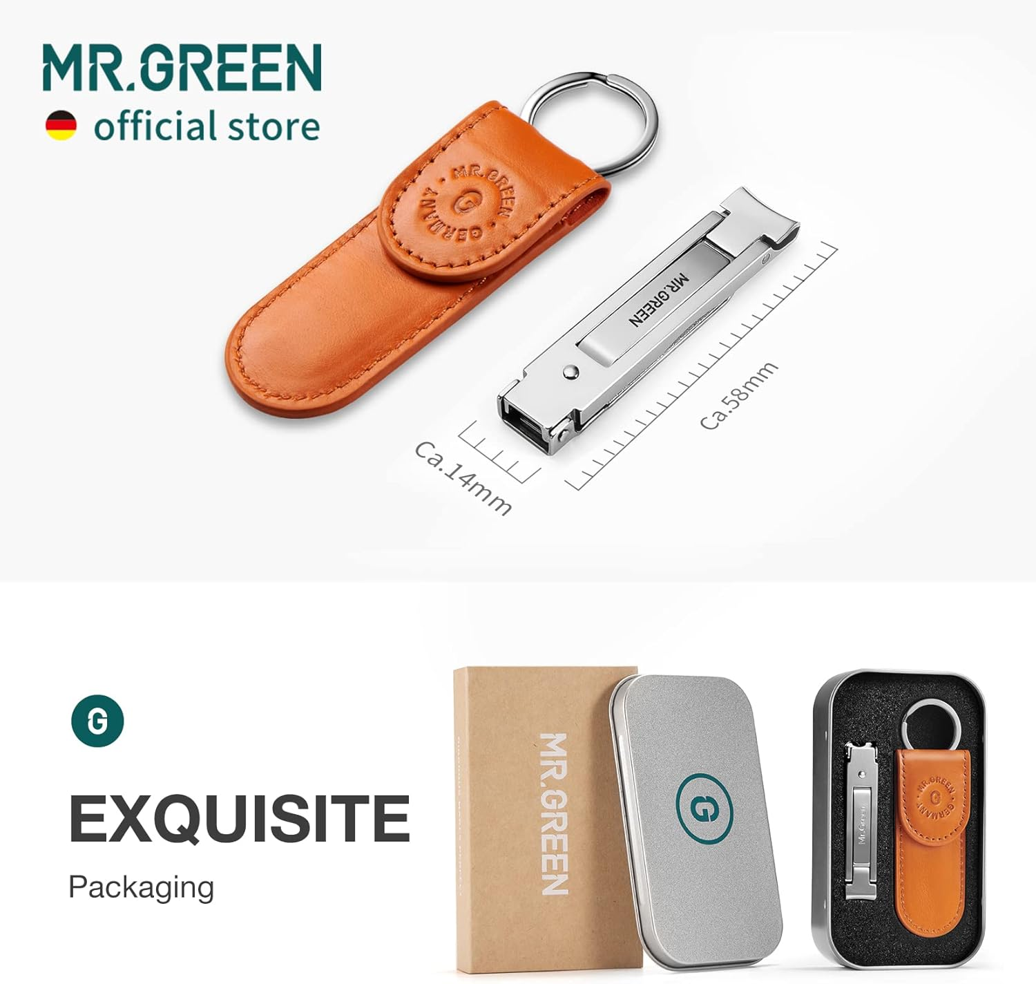 MR.GREEN Collapsible Nail Clippers Small and Thin Portable Travel Nail Scissors Cutter Stainless Steel Manicure Tools with Nail Files (Orange Leather Case+ Iron Box) Multicoloured