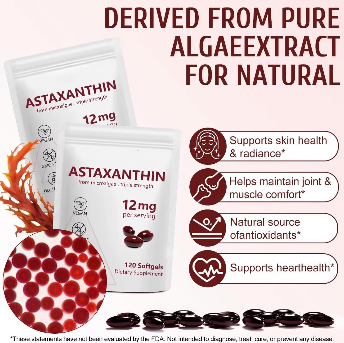 Astaxanthin 12 Mg Softgels &ndash; High-Strength Antioxidant from Microalgae (Haematococcus Pluvialis) &ndash; Vegan, Non-Gmo, Gluten-Free Formula &ndash; 120 Softgels Dietary Supplement
